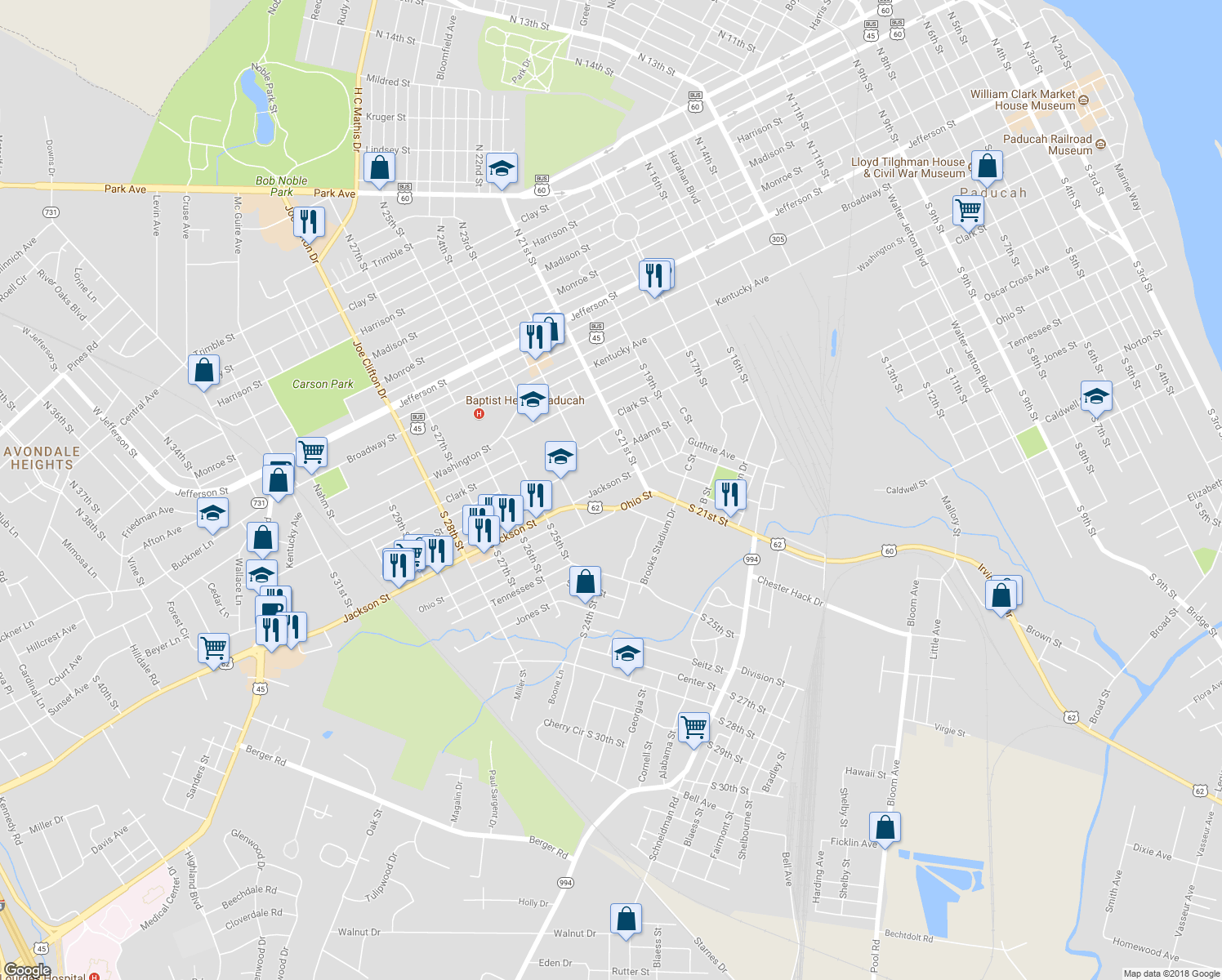 map of restaurants, bars, coffee shops, grocery stores, and more near 2118 Jackson Street in Paducah