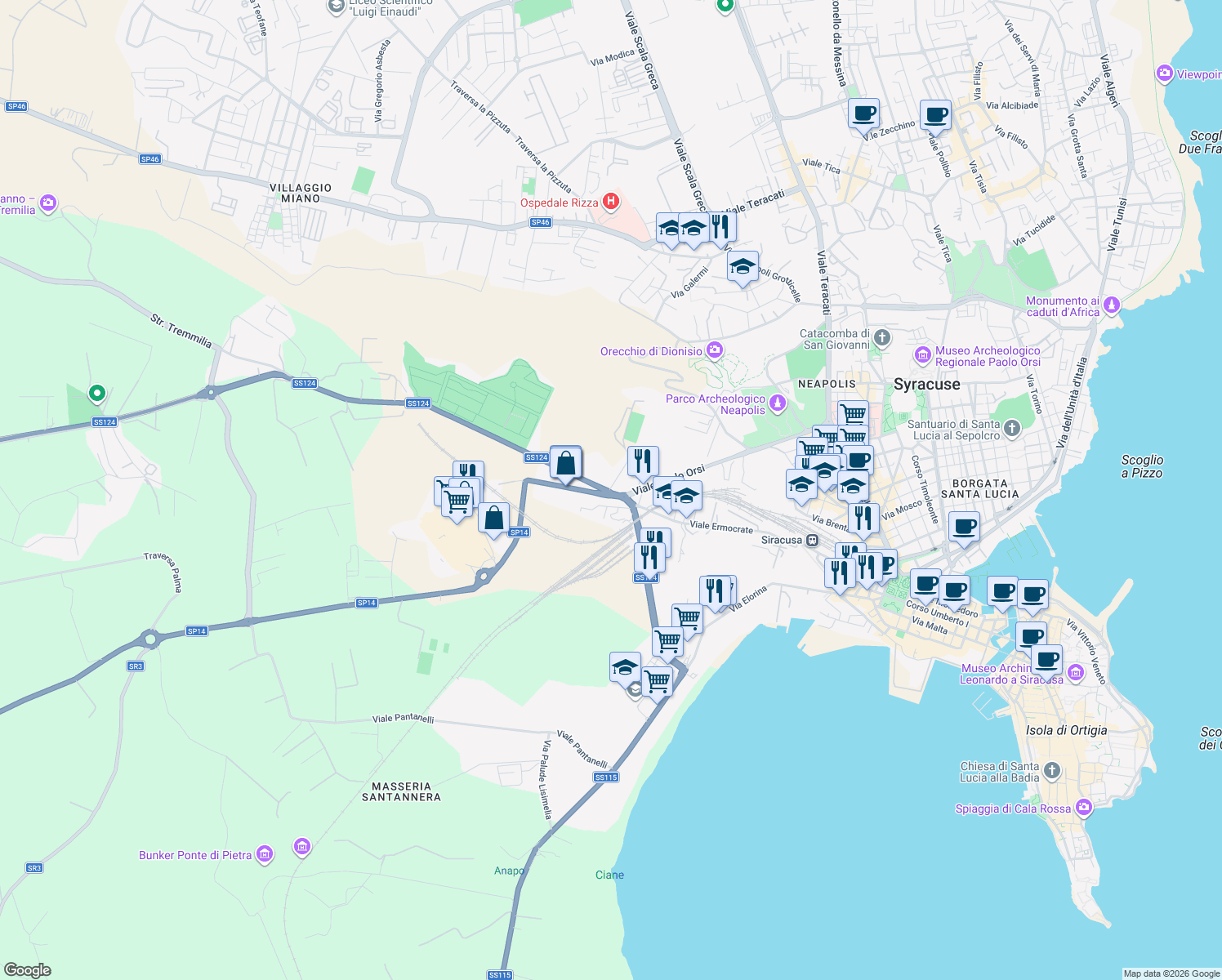 map of restaurants, bars, coffee shops, grocery stores, and more near 122b Viale Ermocrate in Siracusa