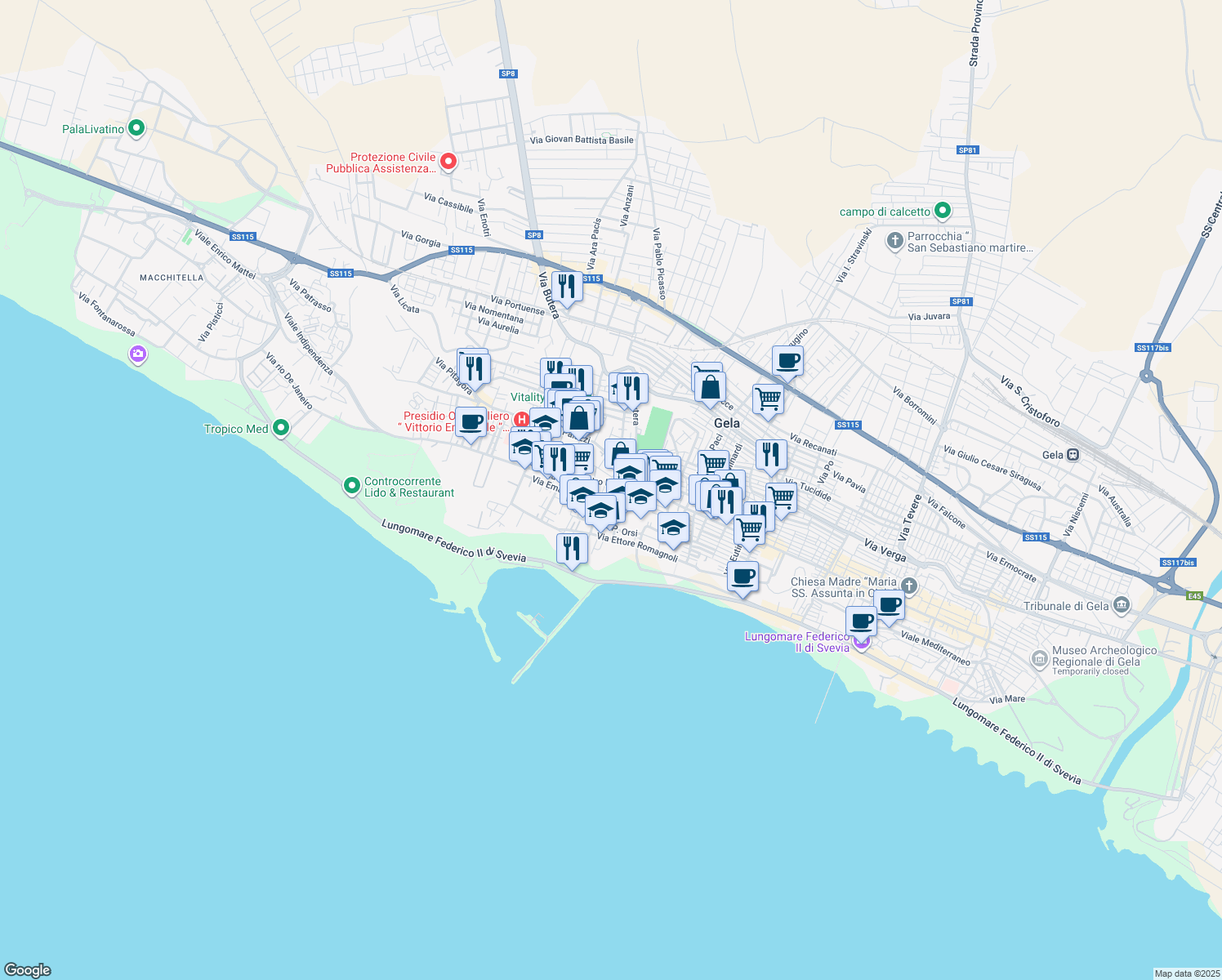 map of restaurants, bars, coffee shops, grocery stores, and more near 49 Via Palazzi in Gela