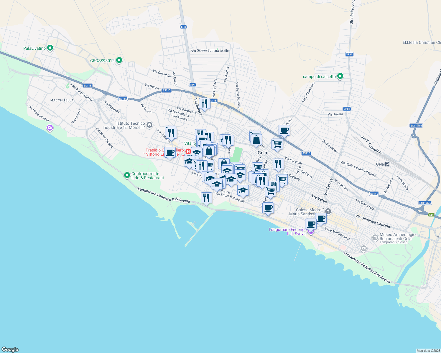 map of restaurants, bars, coffee shops, grocery stores, and more near 49 Via Palazzi in Gela