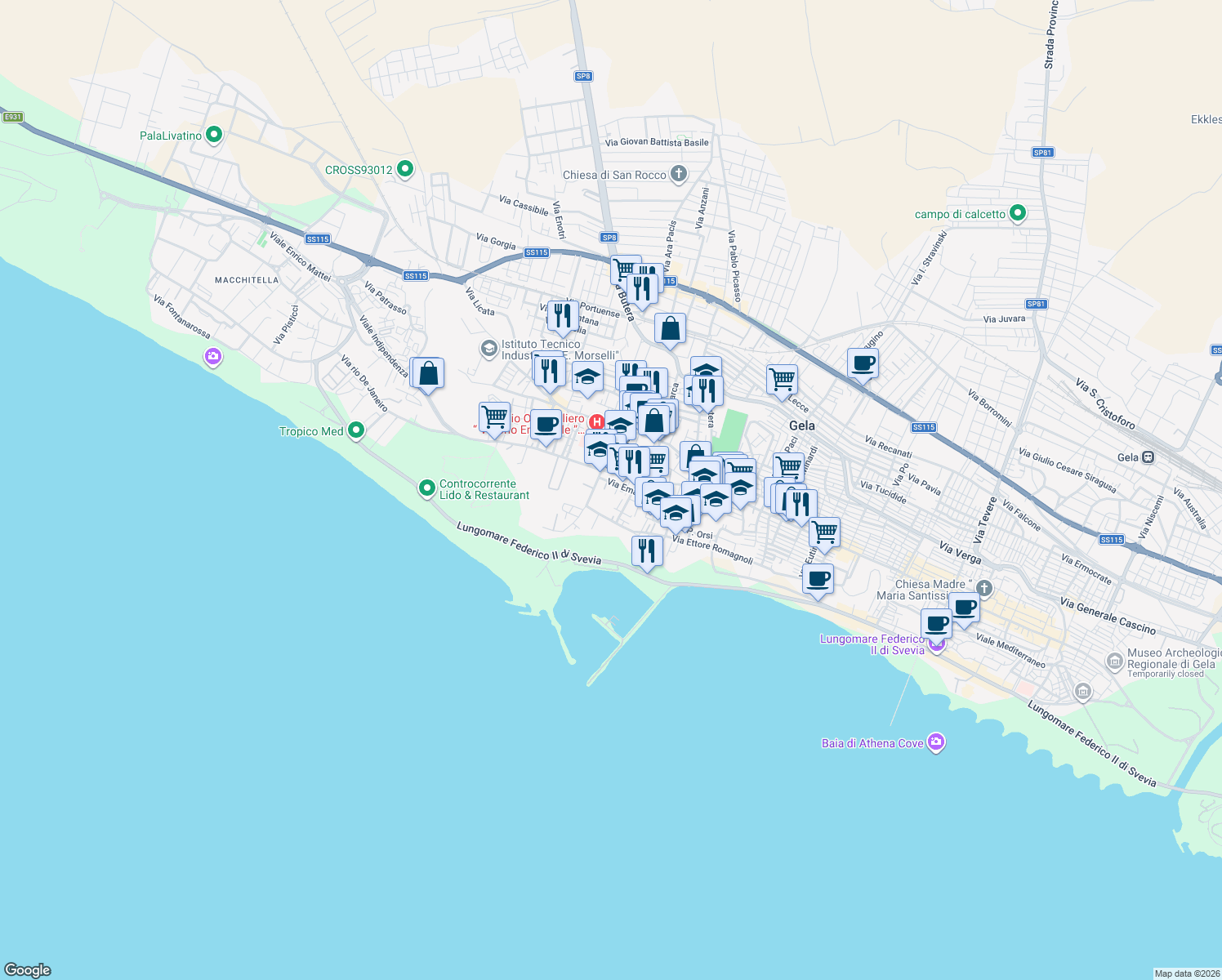 map of restaurants, bars, coffee shops, grocery stores, and more near Via Emanuele Morselli in Gela
