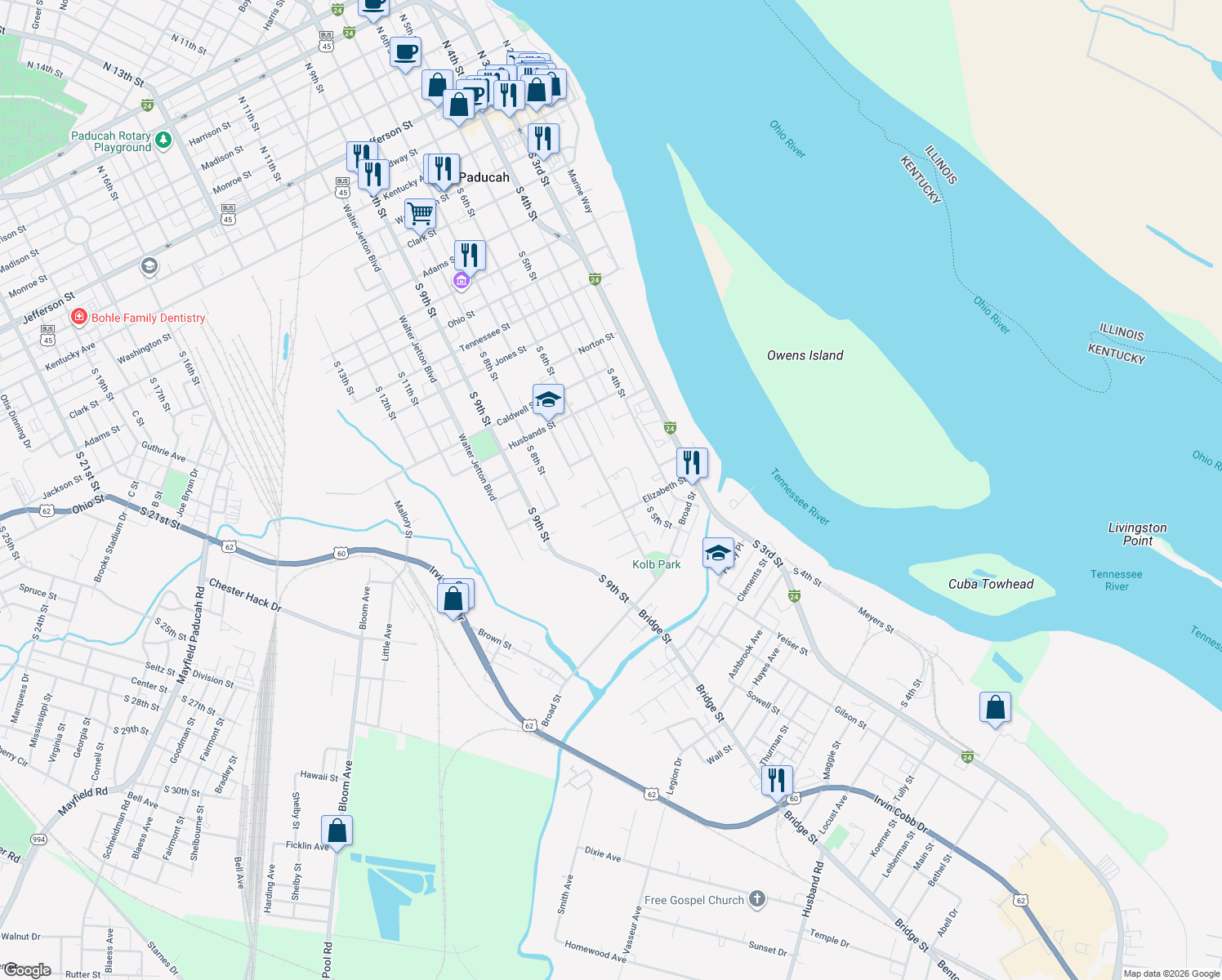 map of restaurants, bars, coffee shops, grocery stores, and more near George Street in Paducah