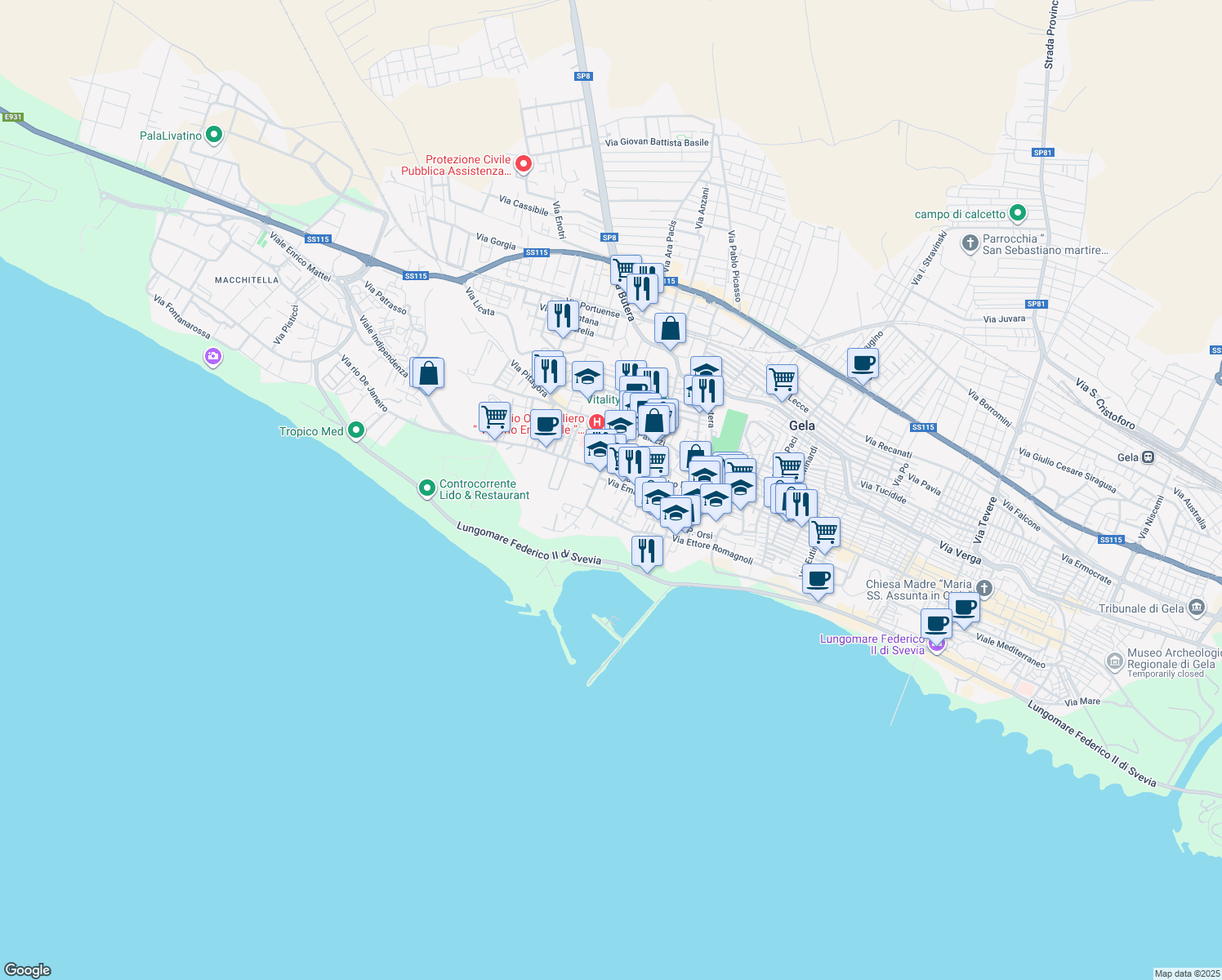 map of restaurants, bars, coffee shops, grocery stores, and more near Via Emanuele Morselli in Gela