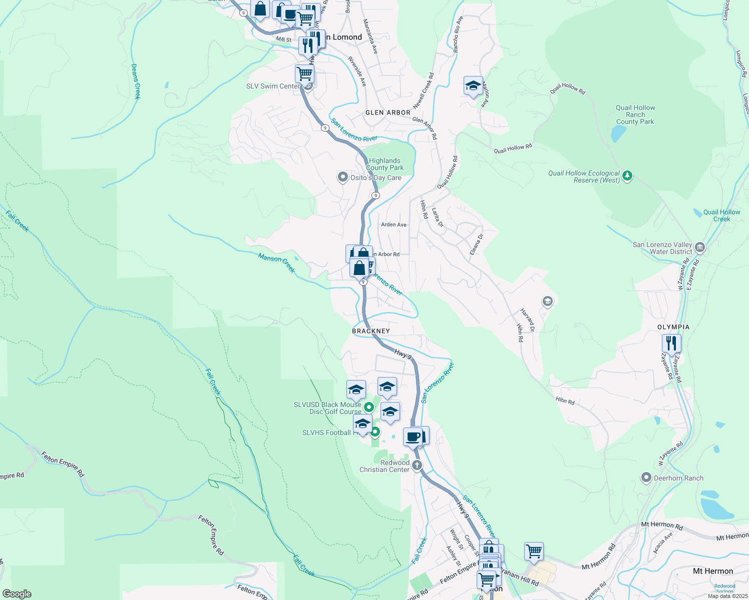 map of restaurants, bars, coffee shops, grocery stores, and more near 132 Sunnycroft Road in Ben Lomond