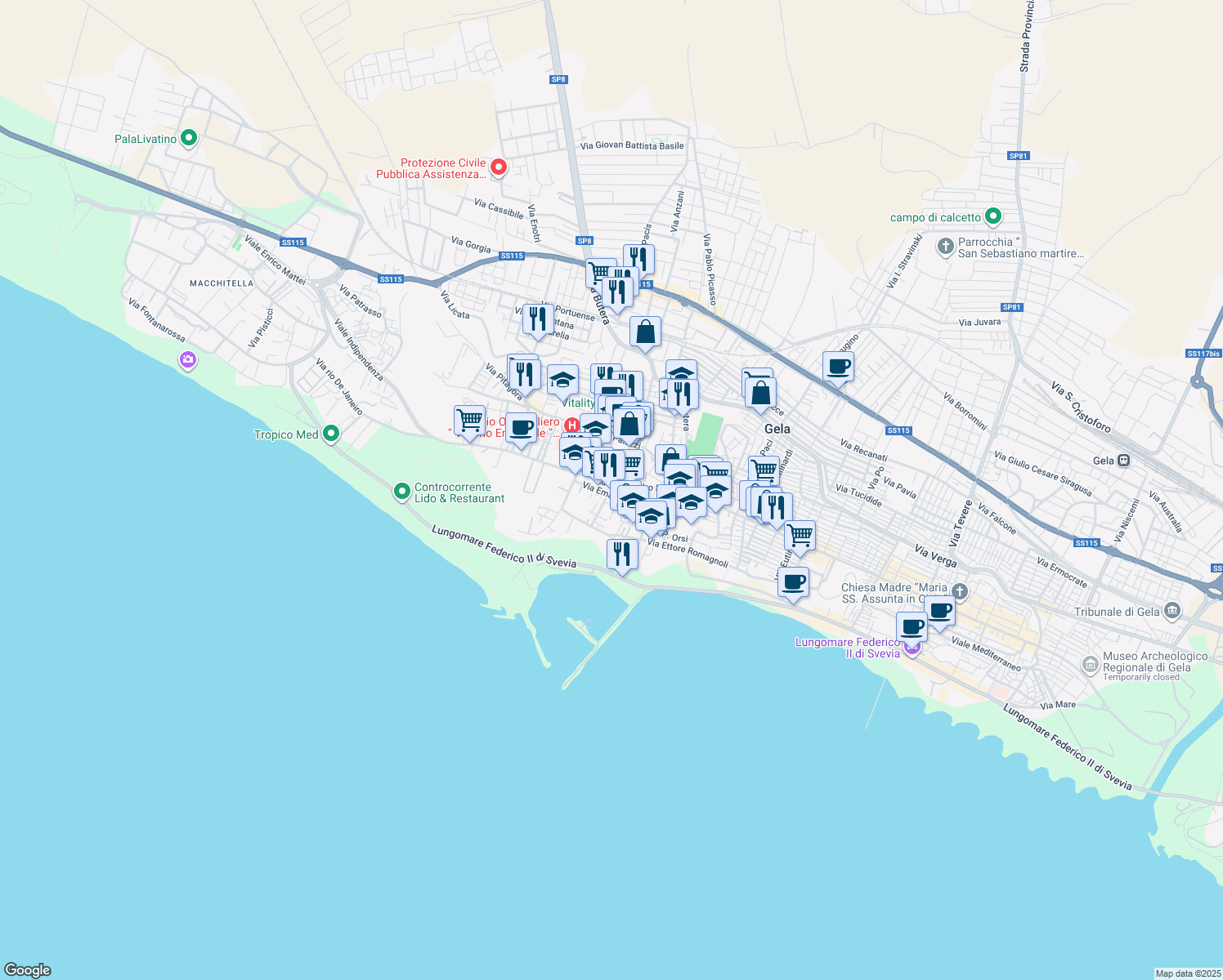 map of restaurants, bars, coffee shops, grocery stores, and more near 2 Via Meli in Gela