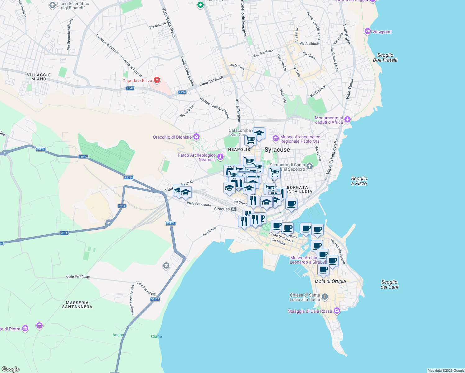 map of restaurants, bars, coffee shops, grocery stores, and more near 6 Via Sele in Siracusa