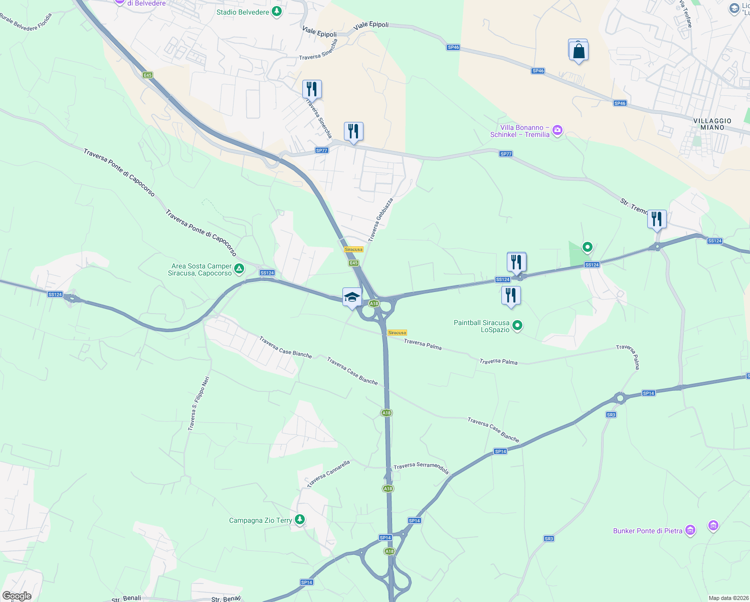 map of restaurants, bars, coffee shops, grocery stores, and more near Via per Floridia in Province of Syracuse