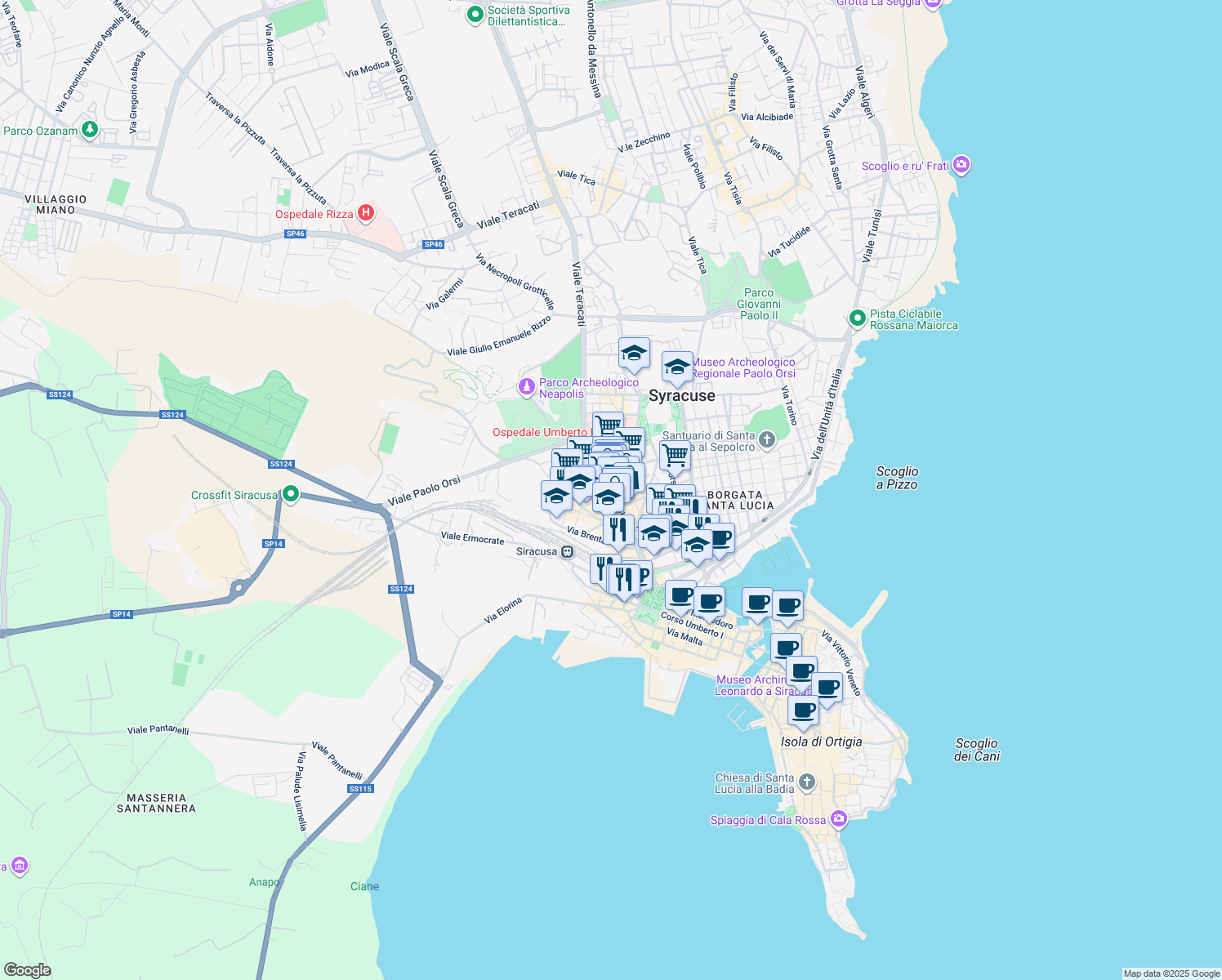 map of restaurants, bars, coffee shops, grocery stores, and more near in Siracusa