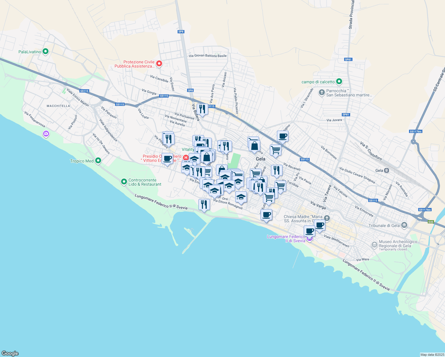 map of restaurants, bars, coffee shops, grocery stores, and more near 49 Via Palazzi in Gela