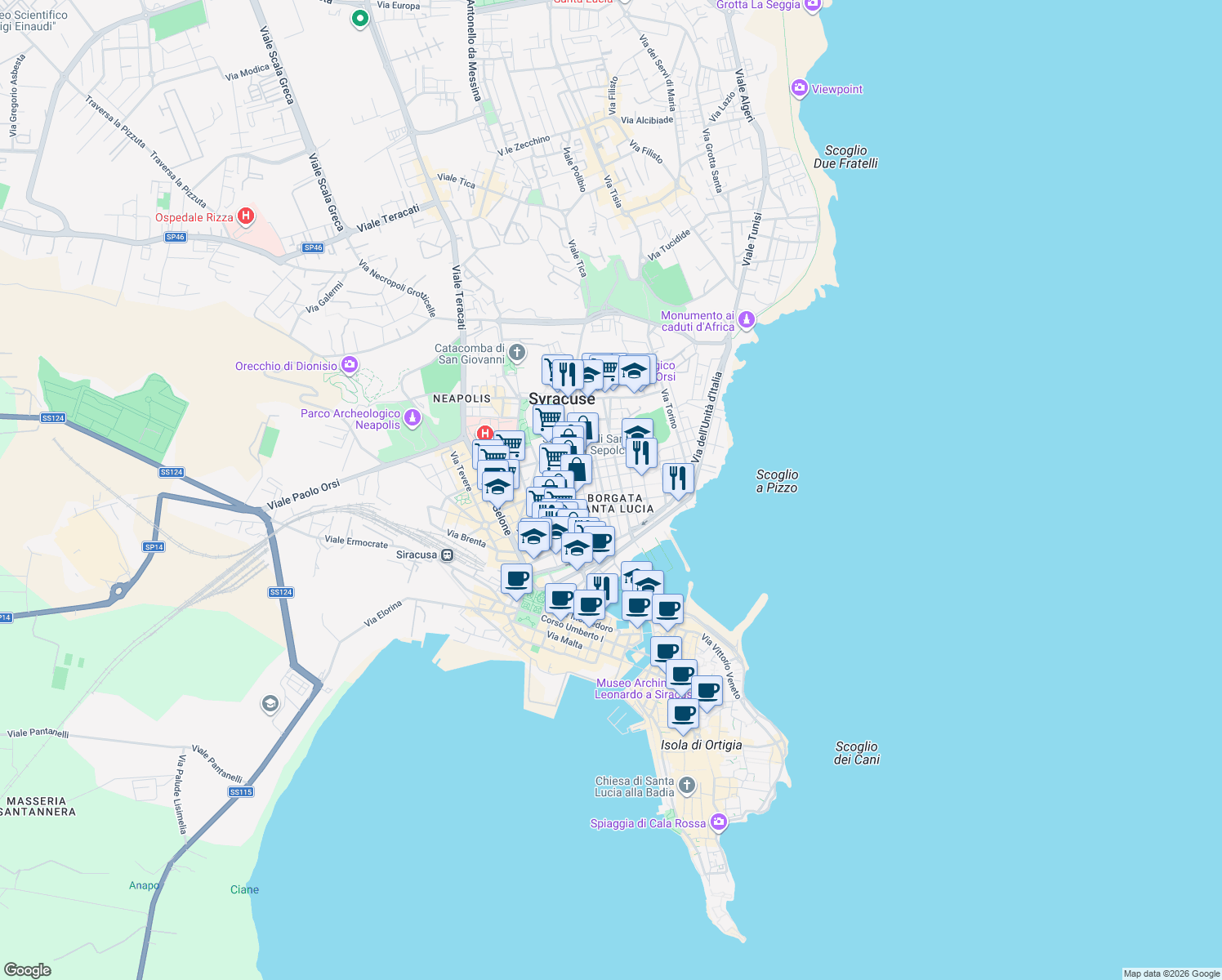 map of restaurants, bars, coffee shops, grocery stores, and more near 55 Via Trapani in Syracuse