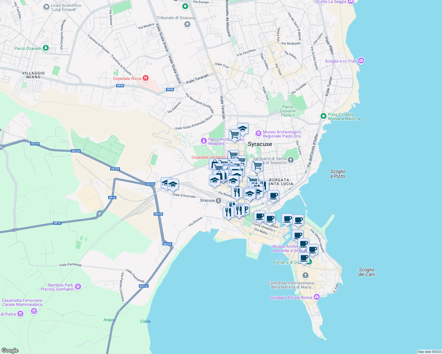 map of restaurants, bars, coffee shops, grocery stores, and more near 6 Via Sele in Siracusa
