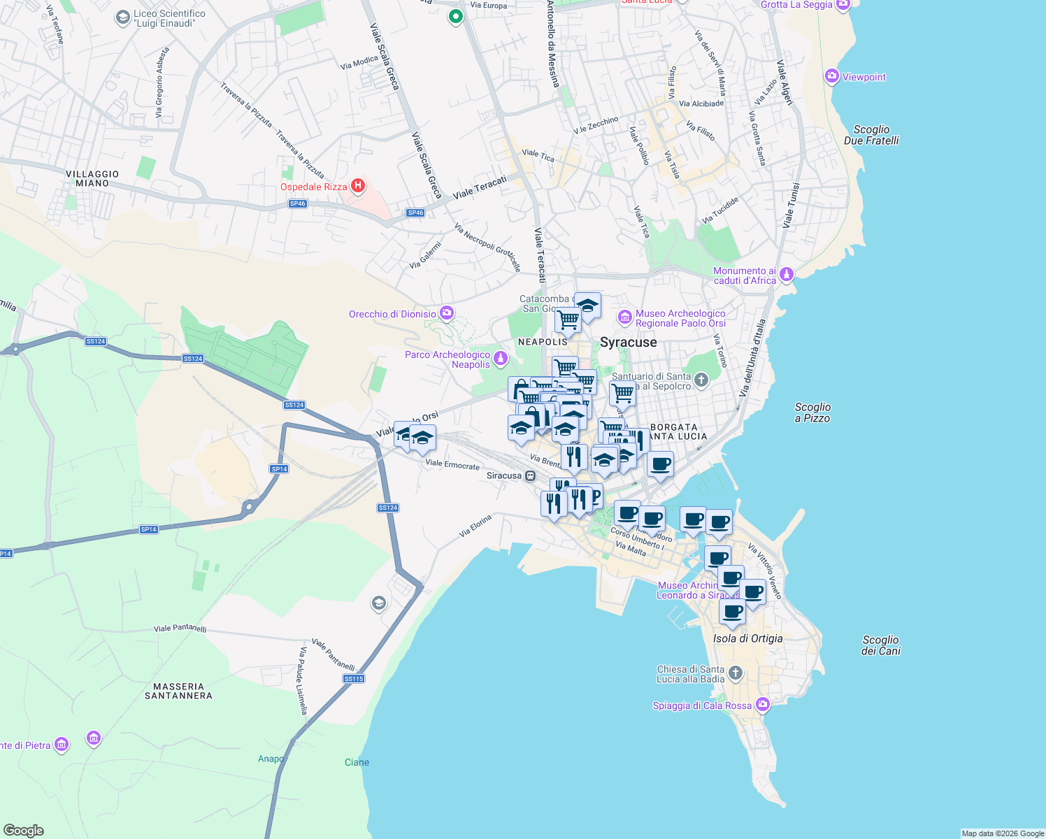 map of restaurants, bars, coffee shops, grocery stores, and more near 6 Via Sele in Siracusa