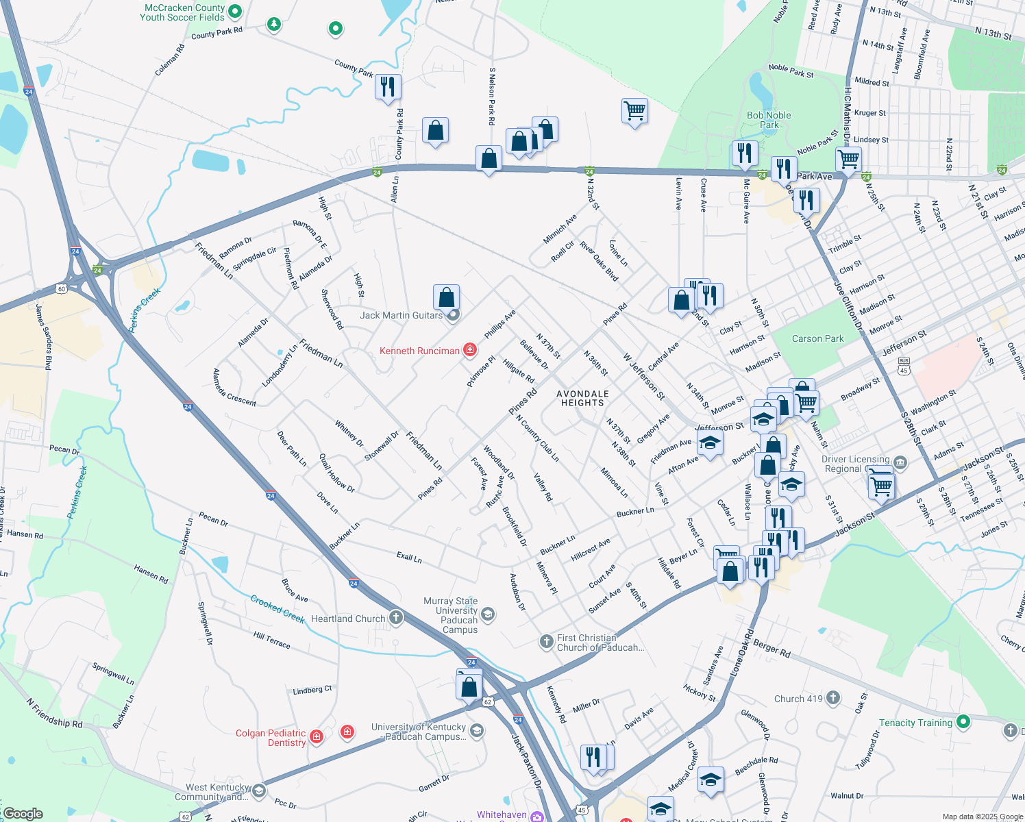 map of restaurants, bars, coffee shops, grocery stores, and more near 3999 Pines Rd in Paducah