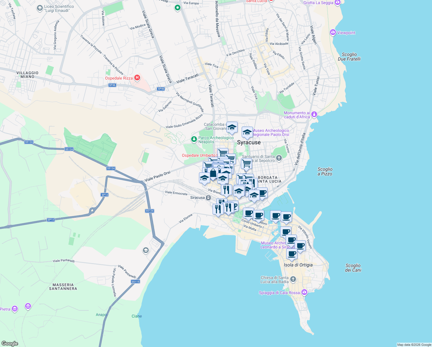 map of restaurants, bars, coffee shops, grocery stores, and more near 5a Via Tevere in Siracusa