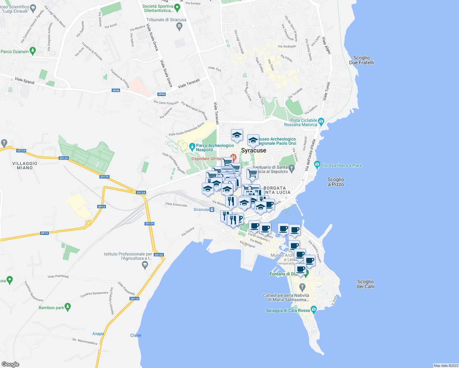 map of restaurants, bars, coffee shops, grocery stores, and more near 88 Corso Gelone in Siracusa