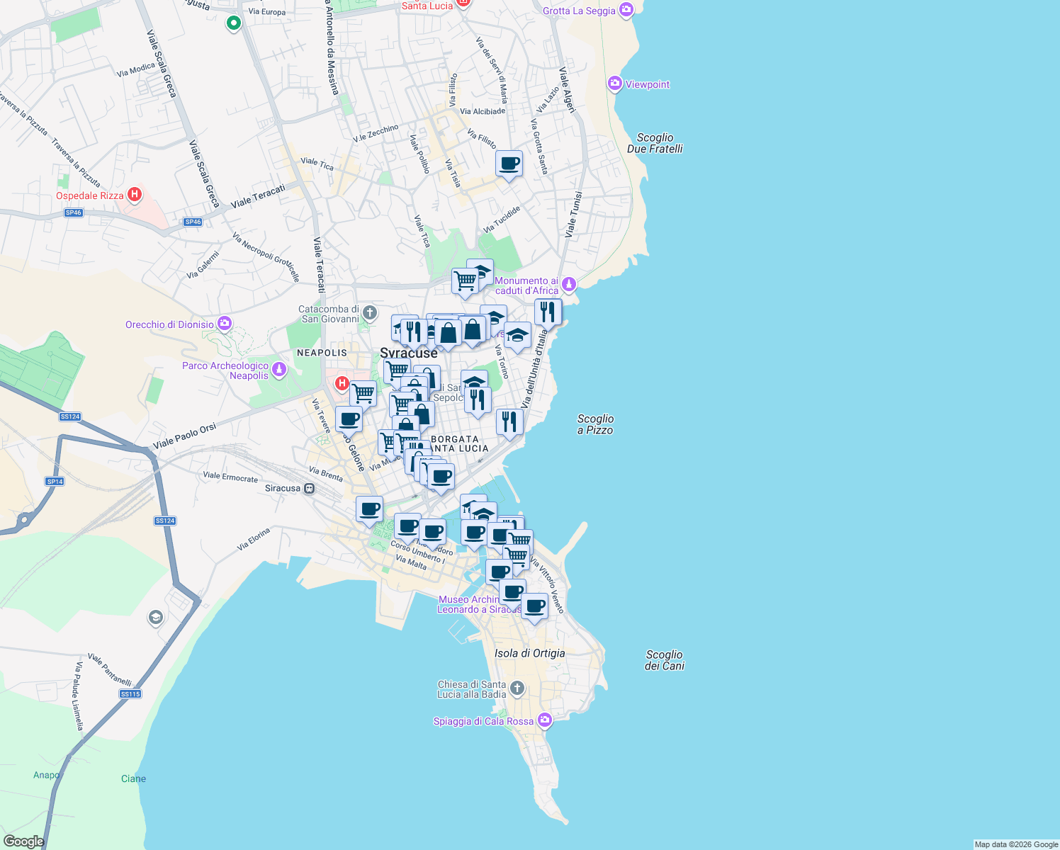 map of restaurants, bars, coffee shops, grocery stores, and more near 2 Via Iceta in Siracusa