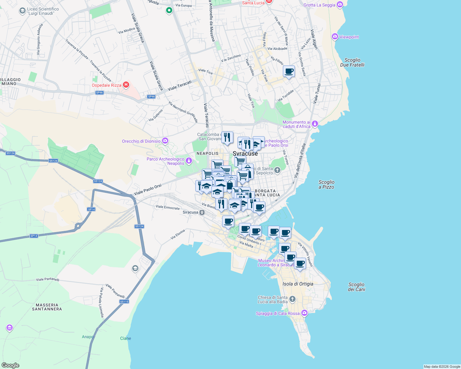 map of restaurants, bars, coffee shops, grocery stores, and more near 7 Via Giuseppe di Natale in Syracuse