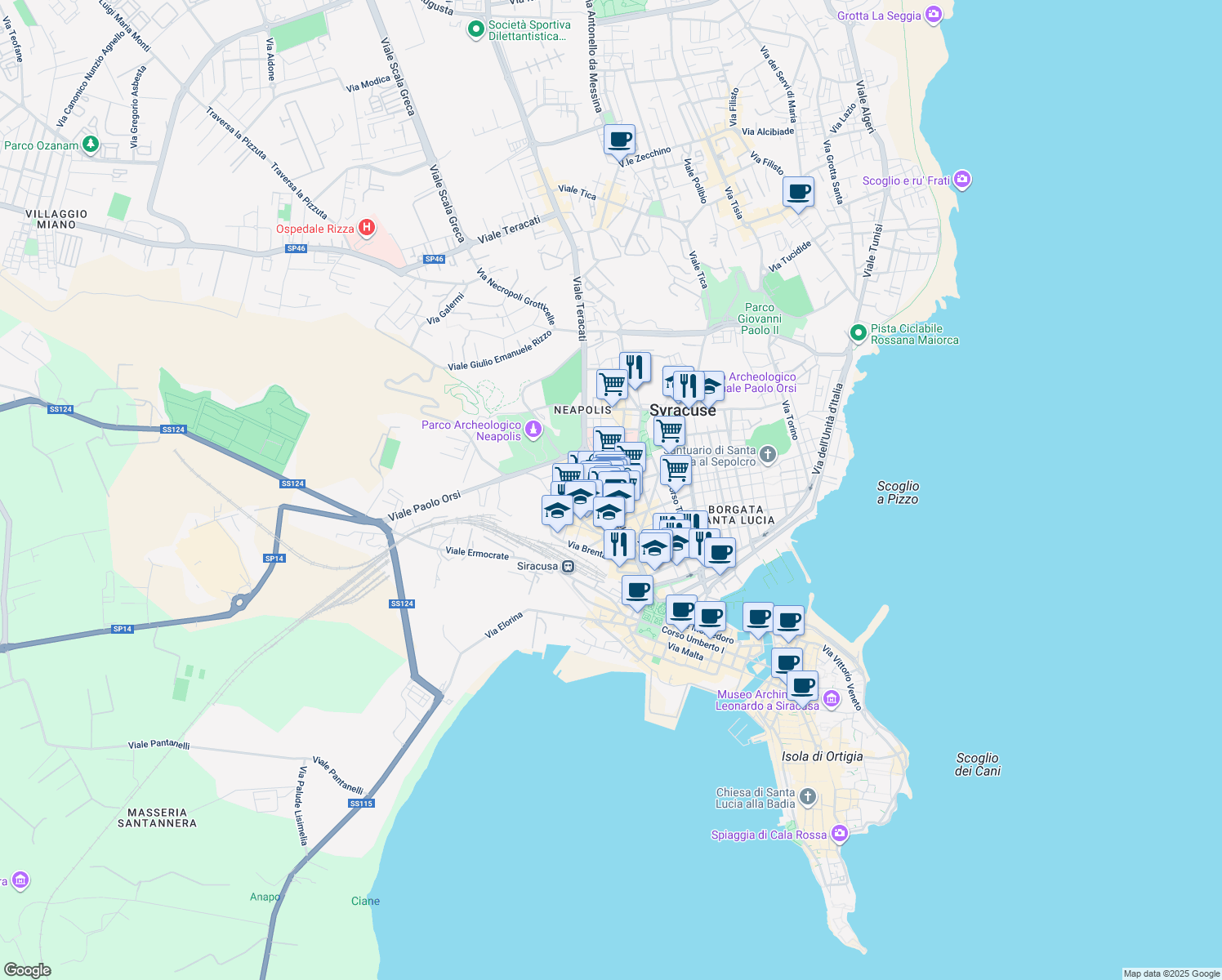map of restaurants, bars, coffee shops, grocery stores, and more near 81 Via Archia in Syracuse