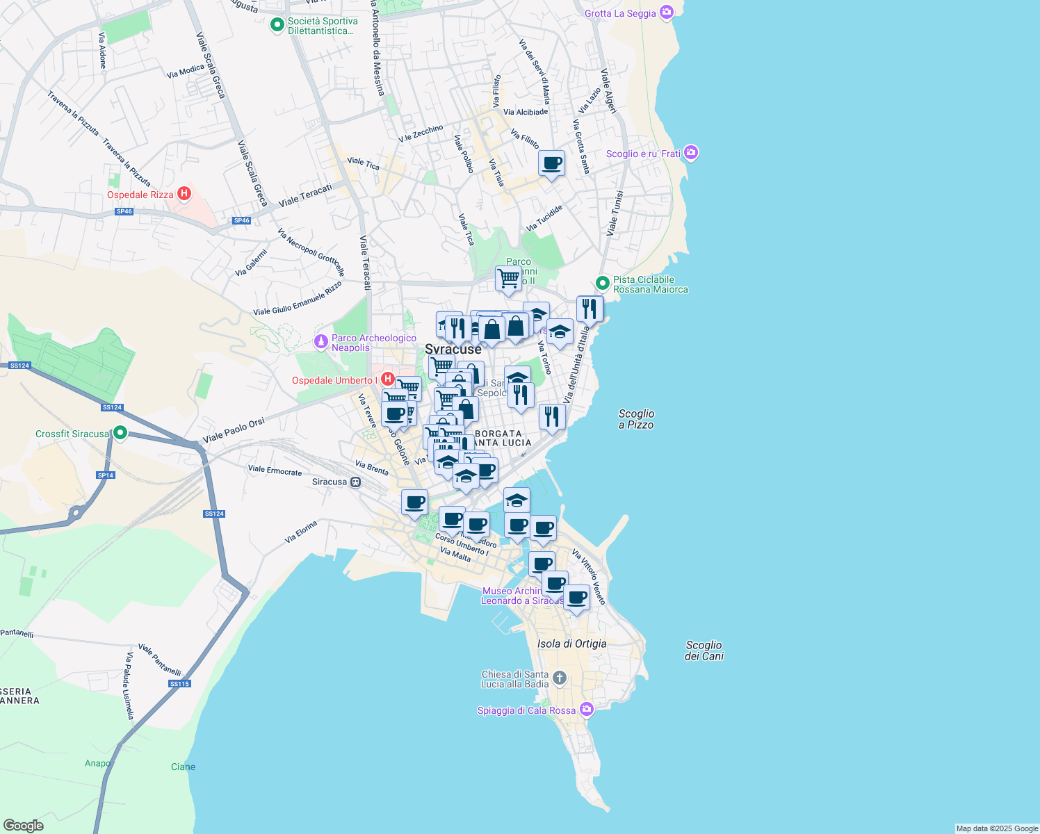 map of restaurants, bars, coffee shops, grocery stores, and more near 23 Piazza Santa Lucia in Syracuse