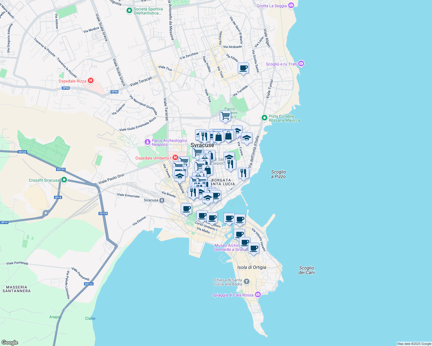 map of restaurants, bars, coffee shops, grocery stores, and more near 101 Viale Piave in Syracuse