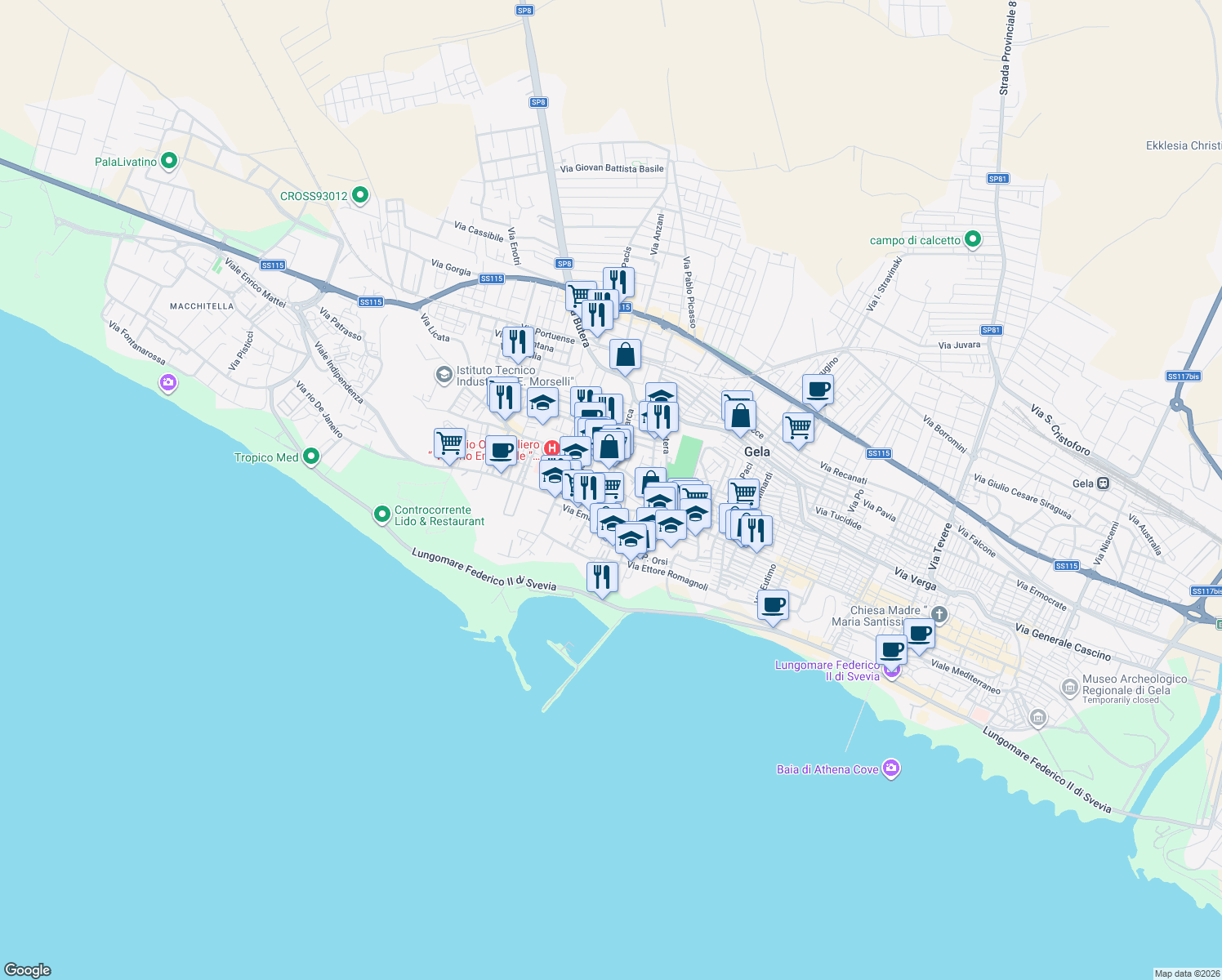 map of restaurants, bars, coffee shops, grocery stores, and more near 14 Via Papa Pio X in Gela
