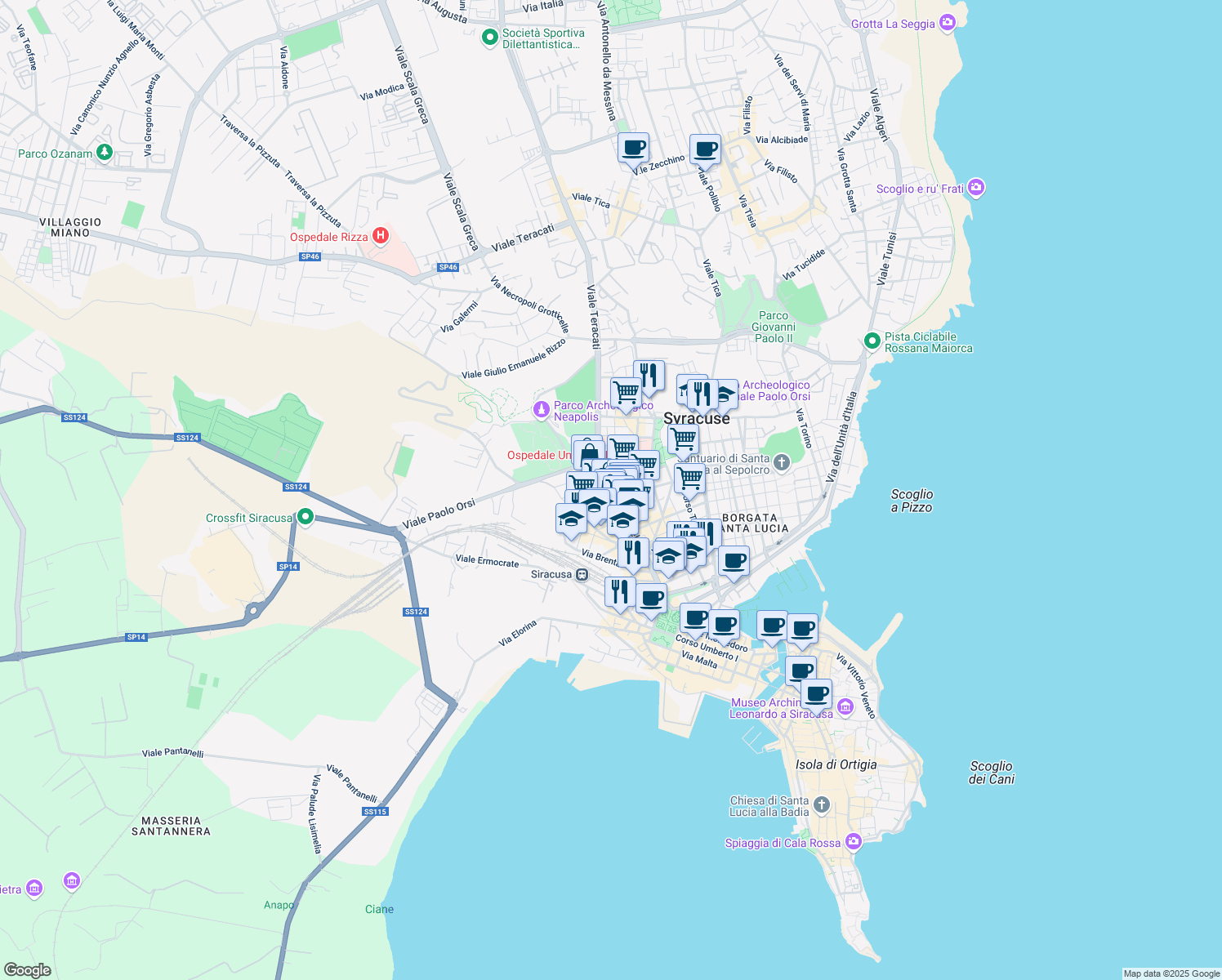 map of restaurants, bars, coffee shops, grocery stores, and more near 93 Corso Gelone in Siracusa