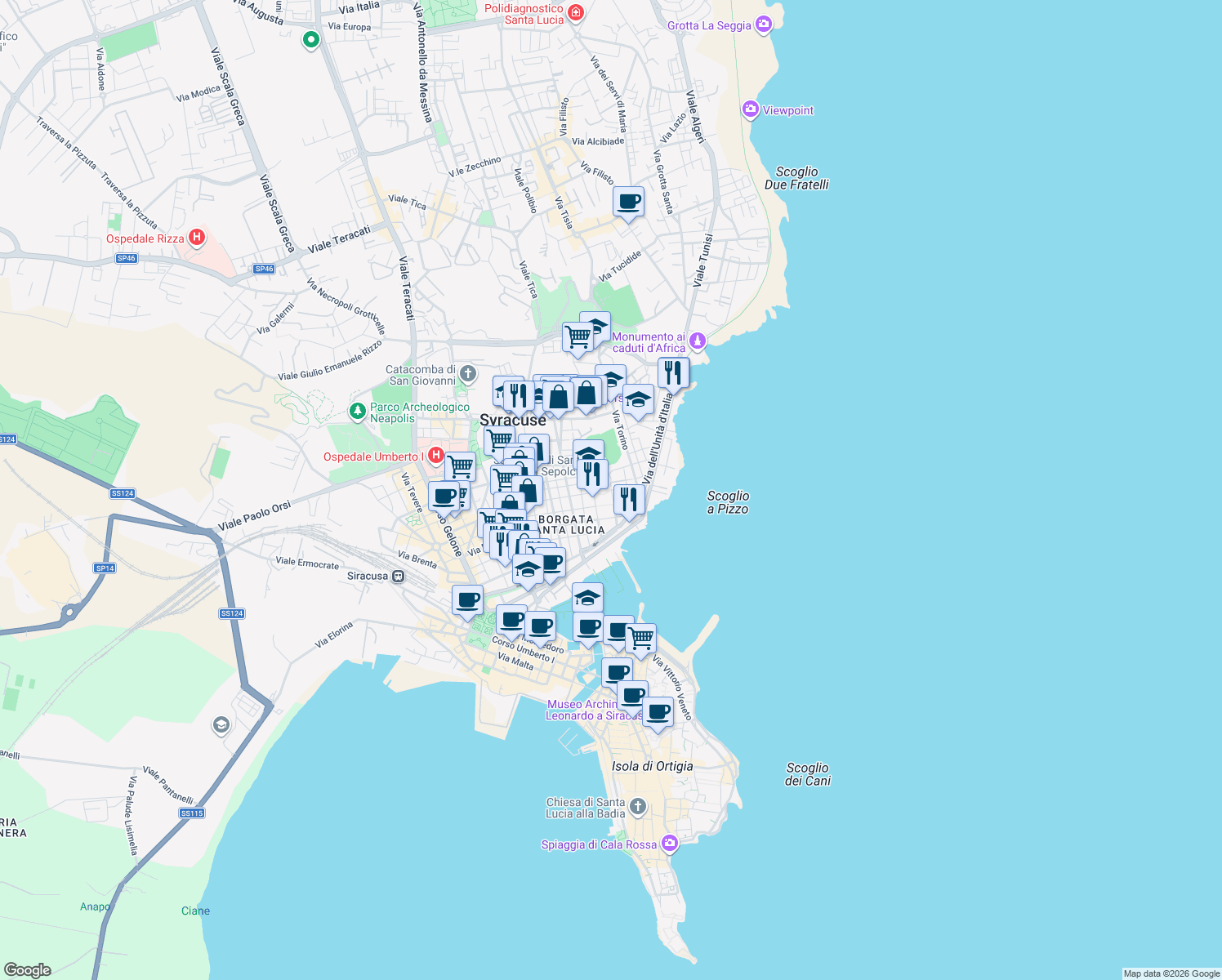 map of restaurants, bars, coffee shops, grocery stores, and more near Via Sollecito Fratelli in Syracuse