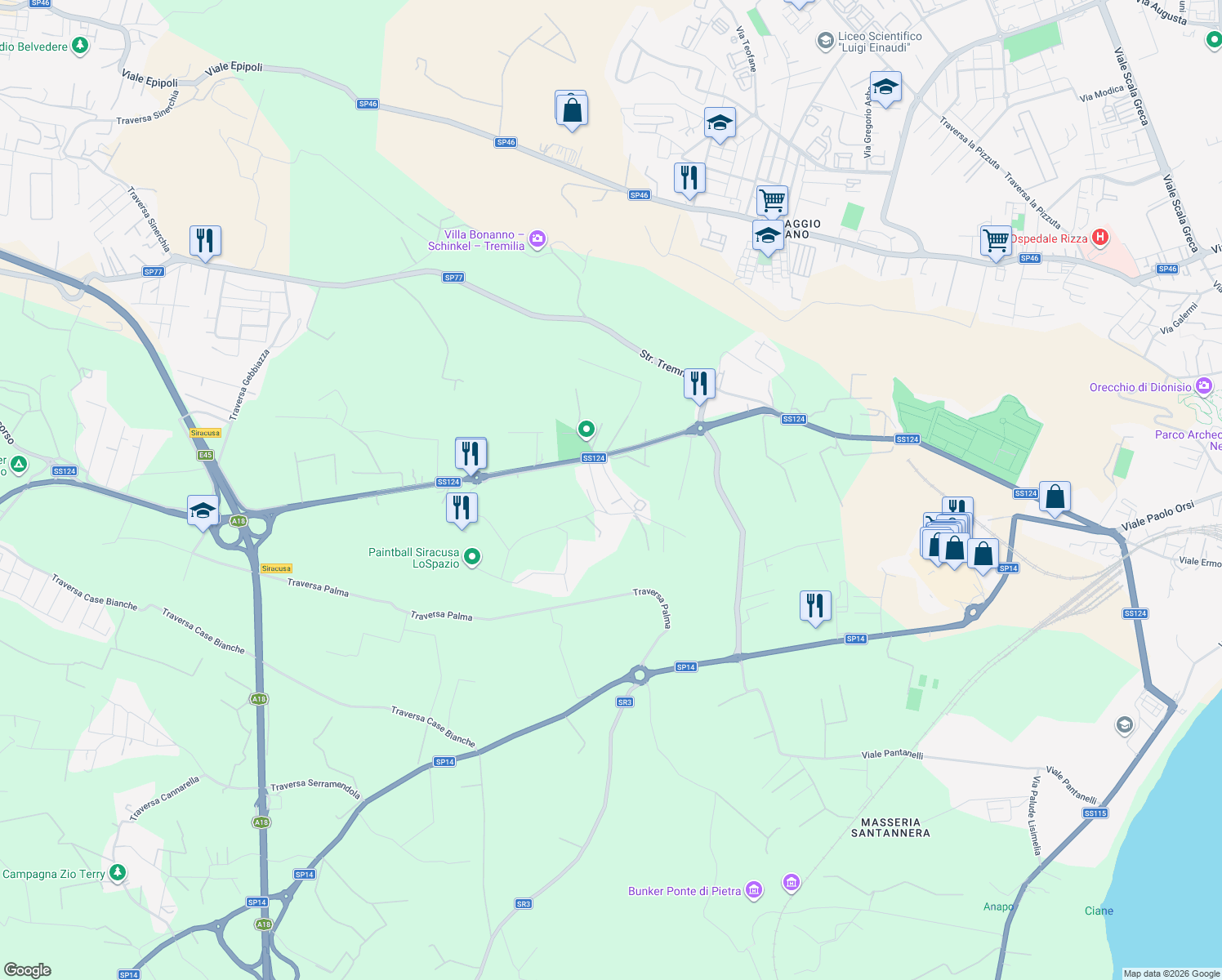 map of restaurants, bars, coffee shops, grocery stores, and more near 10 Strada Circuito in Libero consorzio comunale di Siracusa