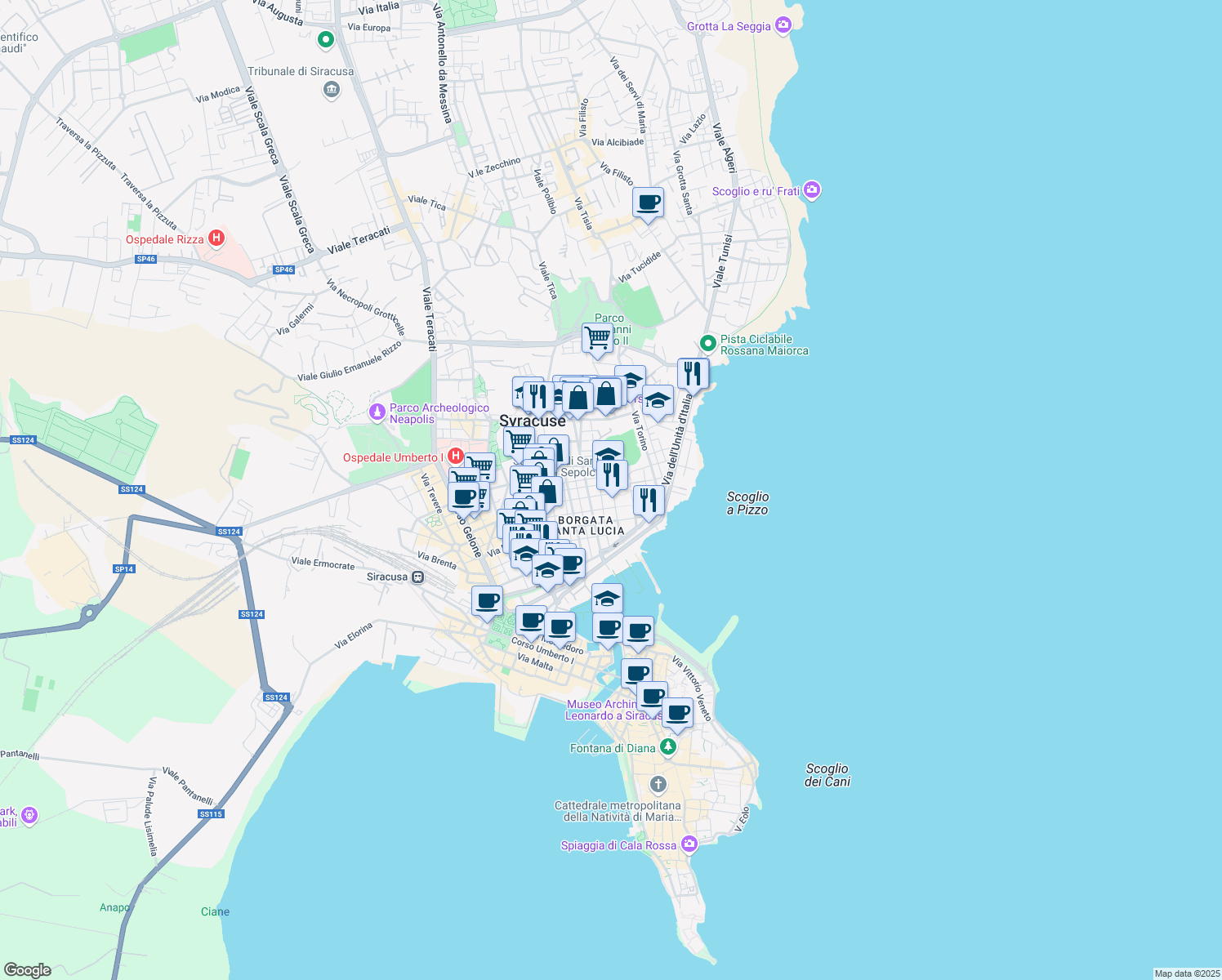map of restaurants, bars, coffee shops, grocery stores, and more near 23 Piazza Santa Lucia in Siracusa