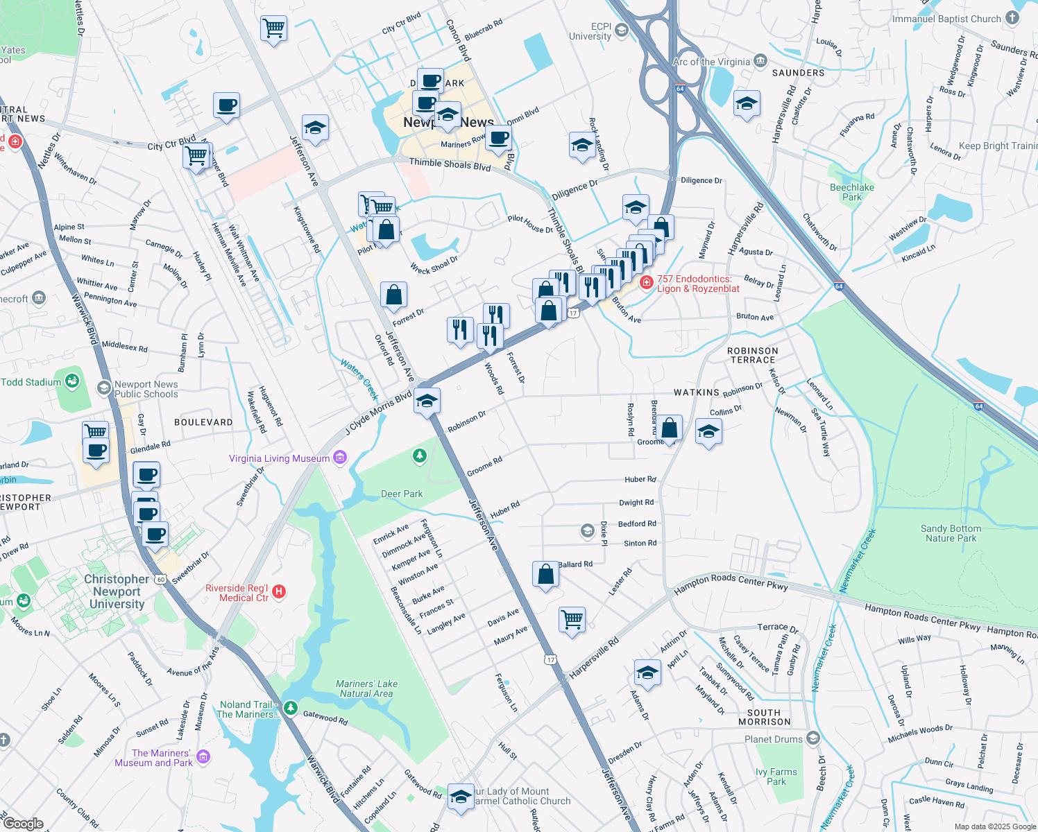 map of restaurants, bars, coffee shops, grocery stores, and more near 612 Woods Road in Newport News