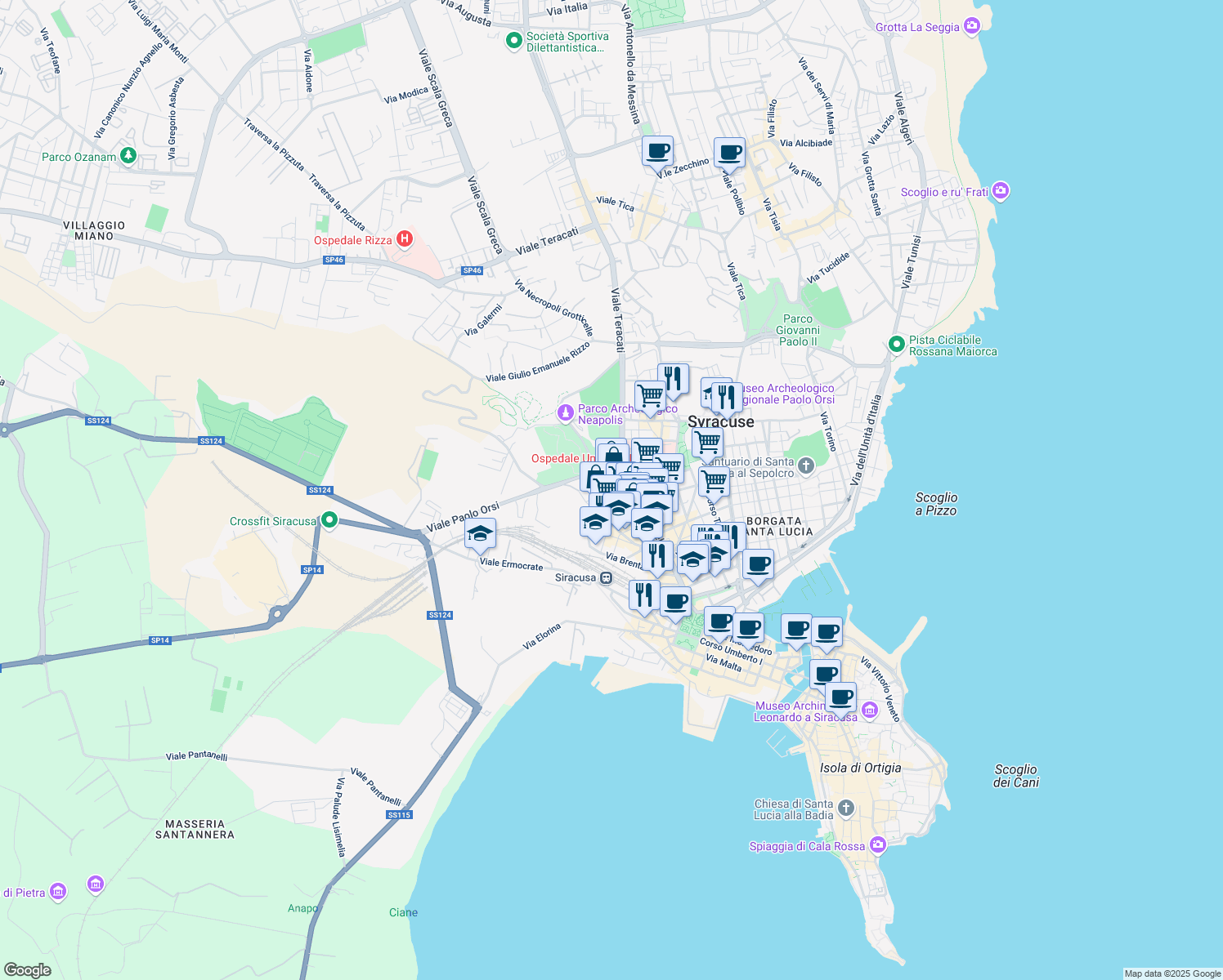 map of restaurants, bars, coffee shops, grocery stores, and more near 26 Via Po in Siracusa