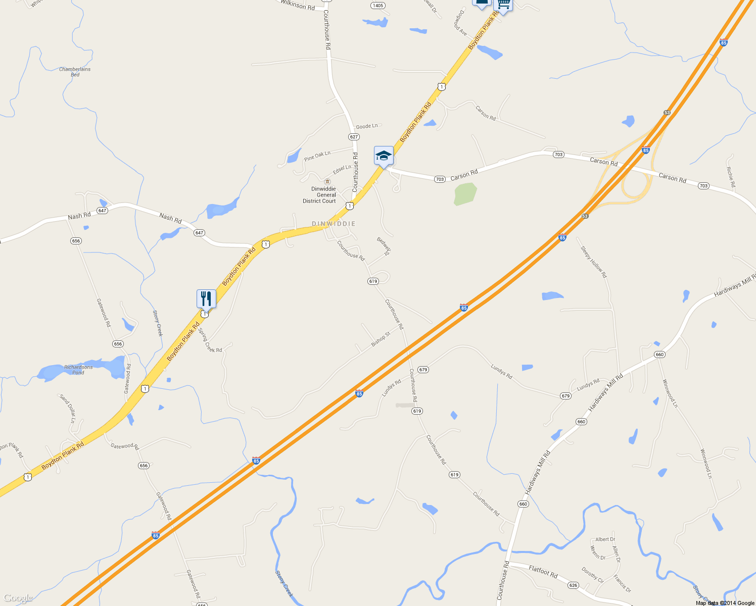 map of restaurants, bars, coffee shops, grocery stores, and more near 14490 Courthouse Road in Dinwiddie