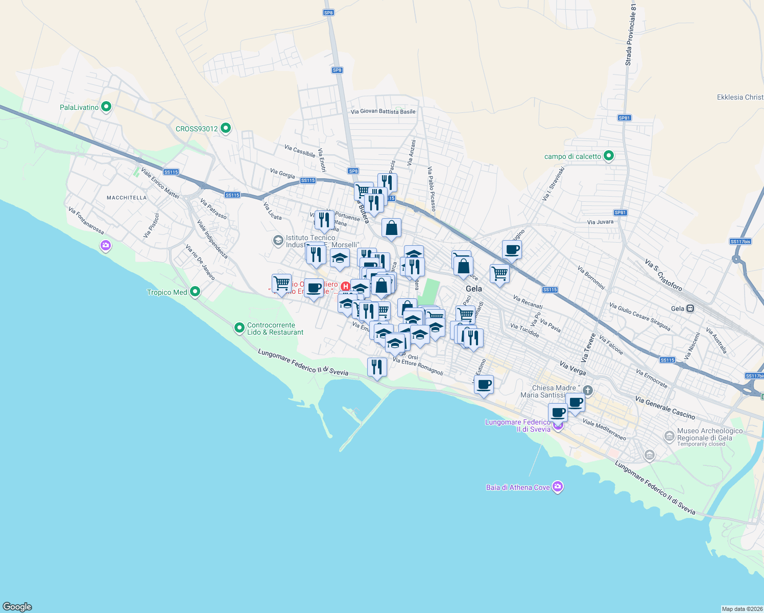 map of restaurants, bars, coffee shops, grocery stores, and more near 14 Via Papa Pio X in Gela