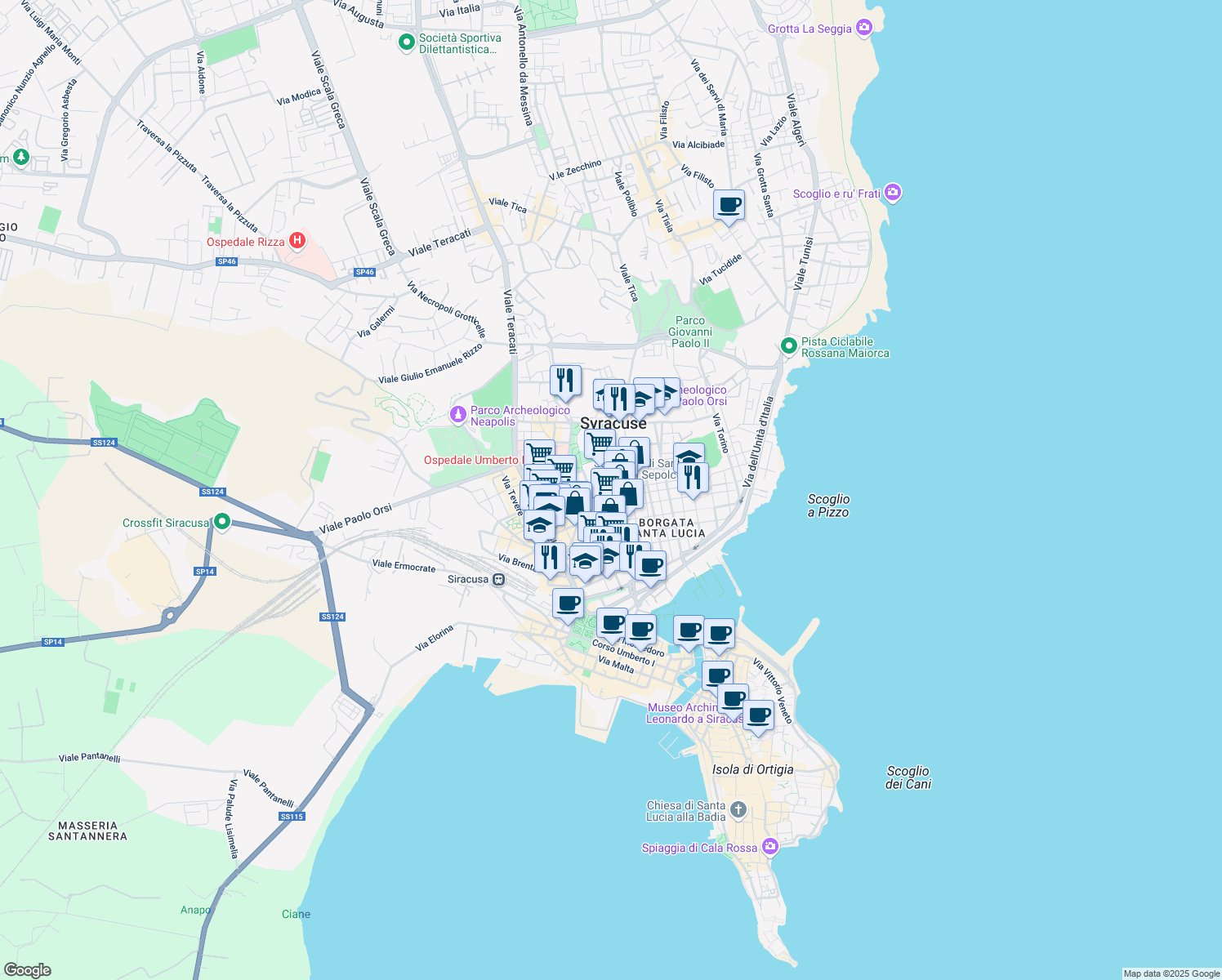 map of restaurants, bars, coffee shops, grocery stores, and more near 13 Via Dinologo in Siracusa