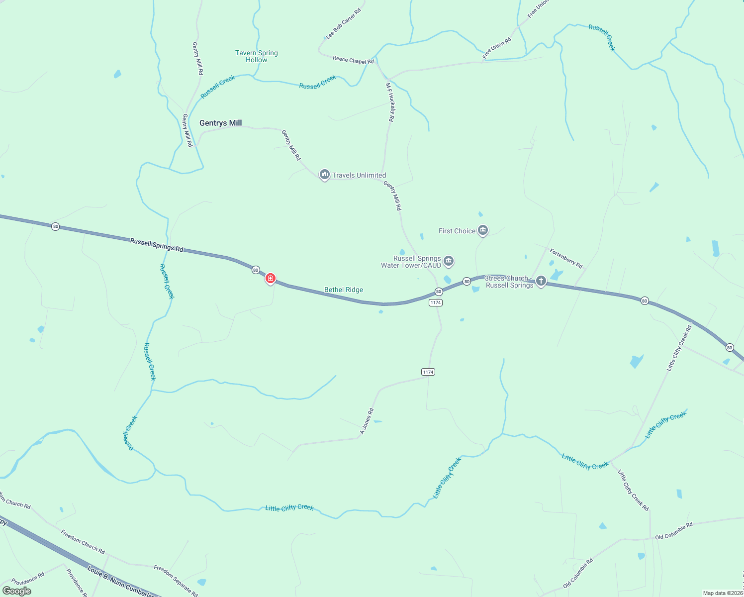 map of restaurants, bars, coffee shops, grocery stores, and more near 9860 Russell Springs Road in Russell Springs