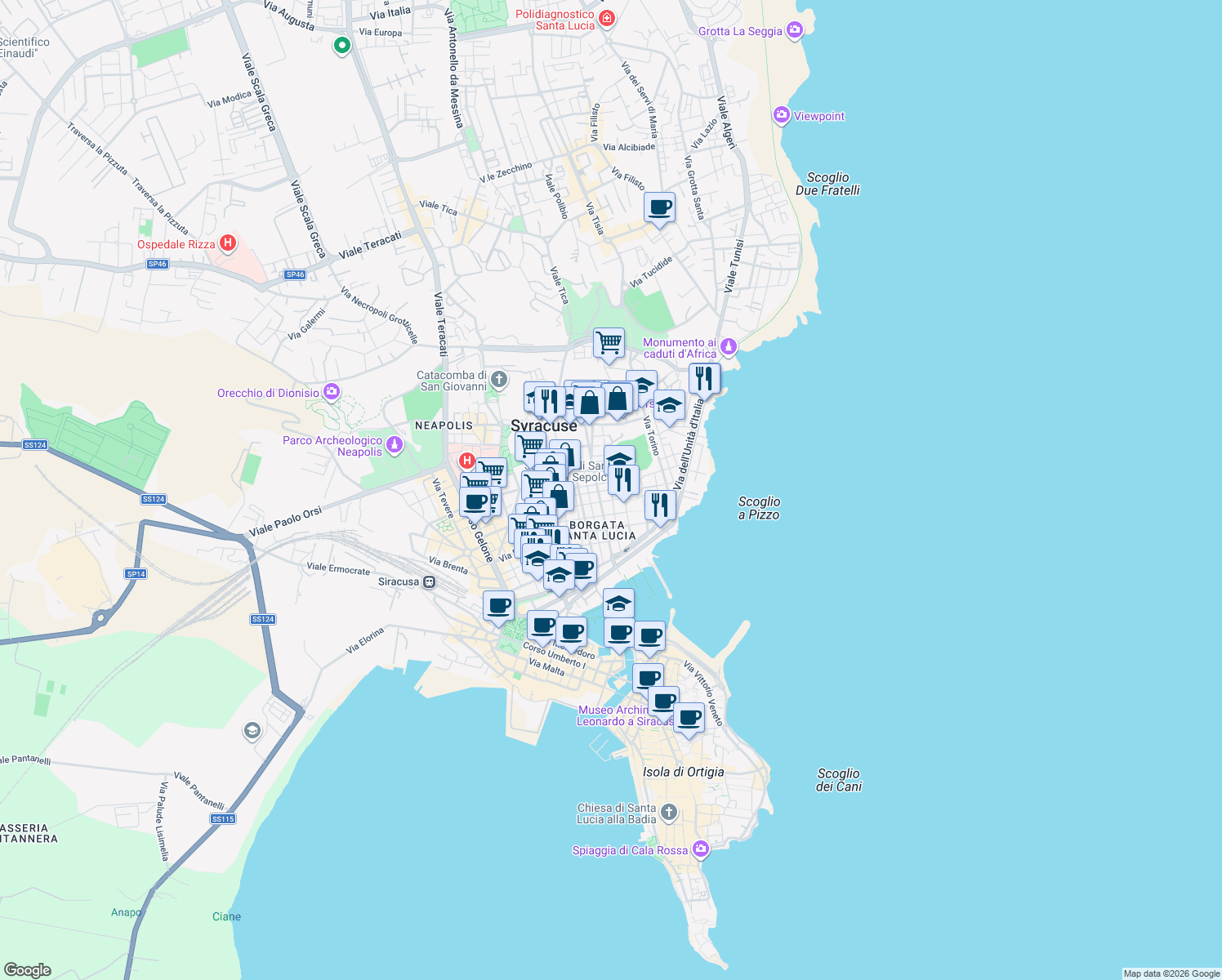 map of restaurants, bars, coffee shops, grocery stores, and more near 23 Piazza Santa Lucia in Syracuse