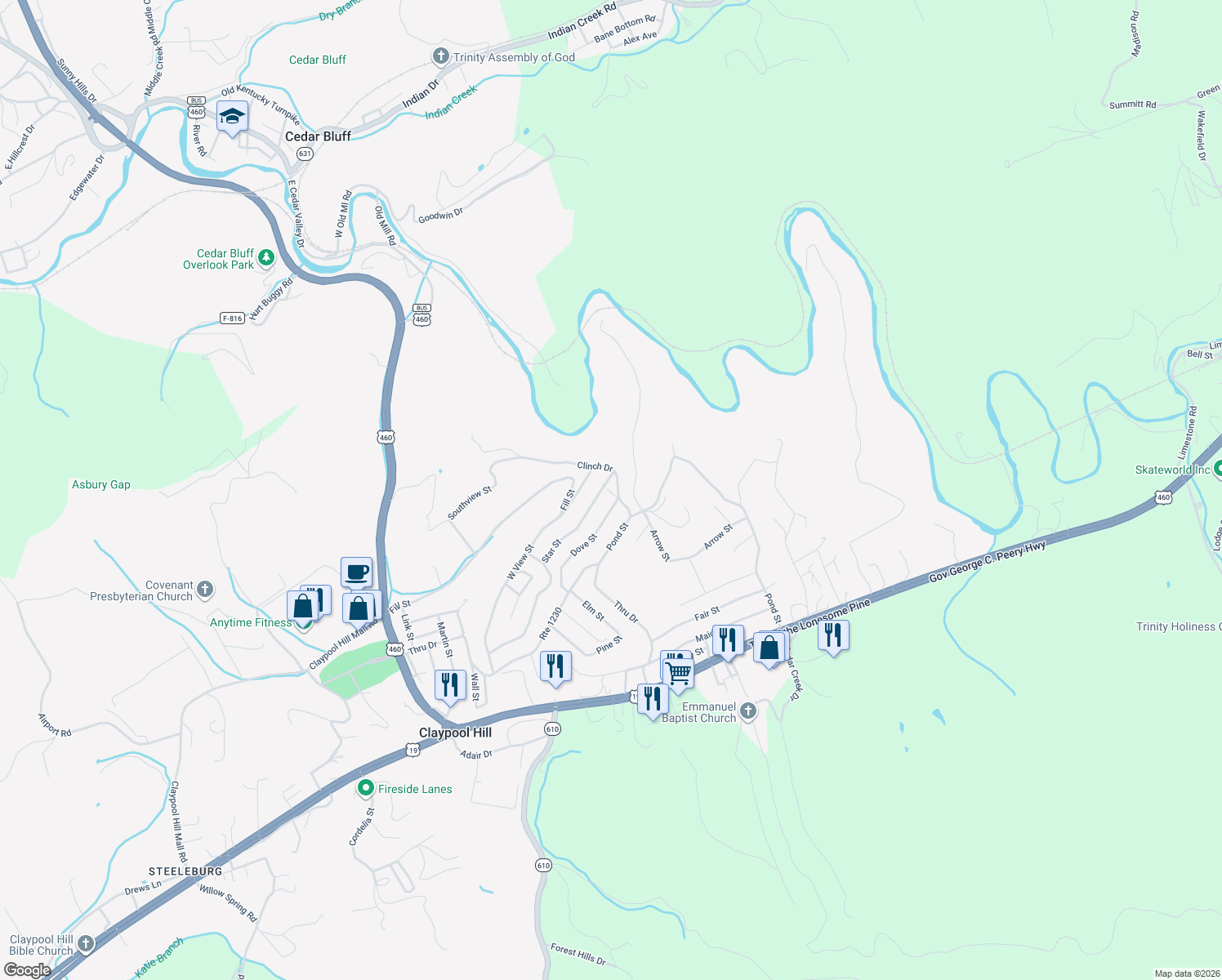 map of restaurants, bars, coffee shops, grocery stores, and more near 173 Clinch Drive in Pounding Mill