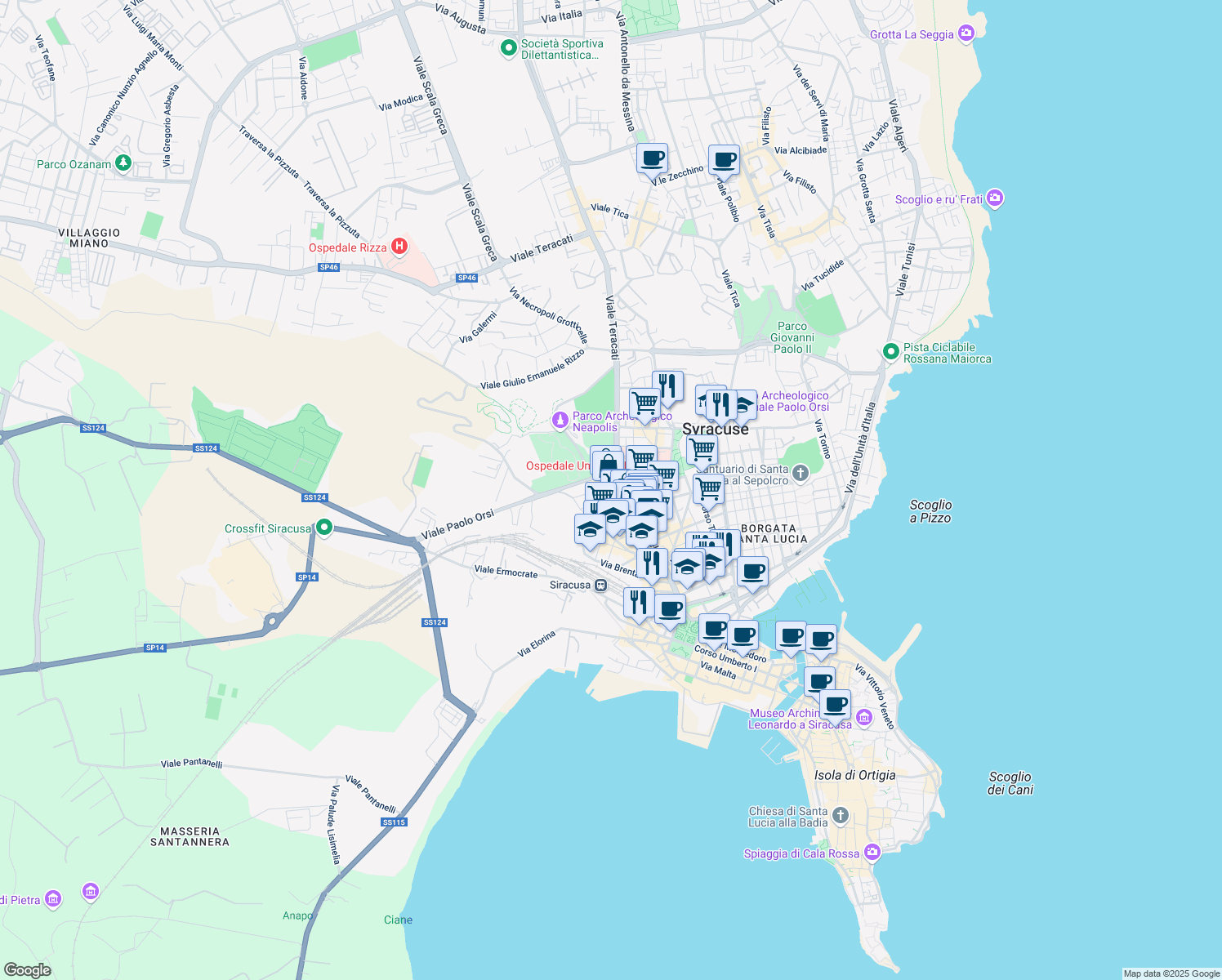 map of restaurants, bars, coffee shops, grocery stores, and more near 93 Corso Gelone in Siracusa