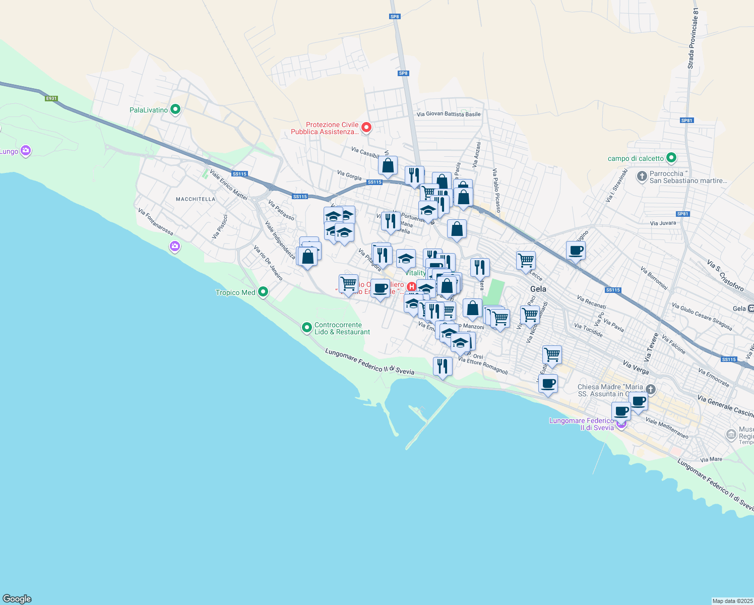 map of restaurants, bars, coffee shops, grocery stores, and more near 32 Viale Indipendenza in Gela