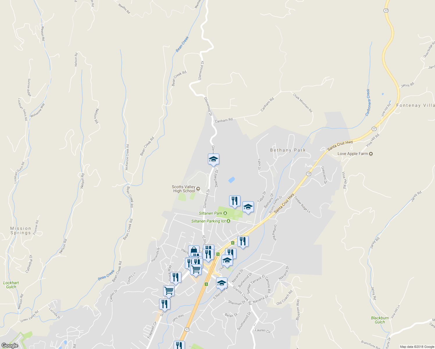map of restaurants, bars, coffee shops, grocery stores, and more near 40 Deerfield Drive in Scotts Valley