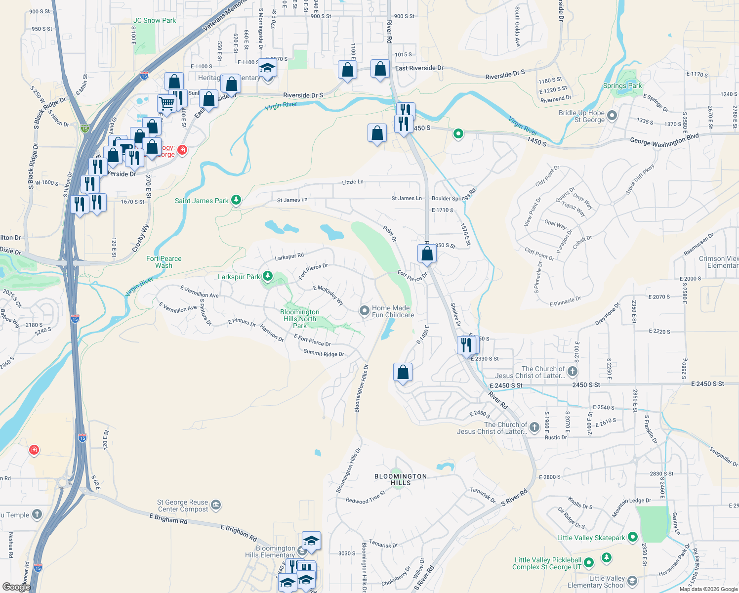 map of restaurants, bars, coffee shops, grocery stores, and more near 1171 Hubbard Place in St. George