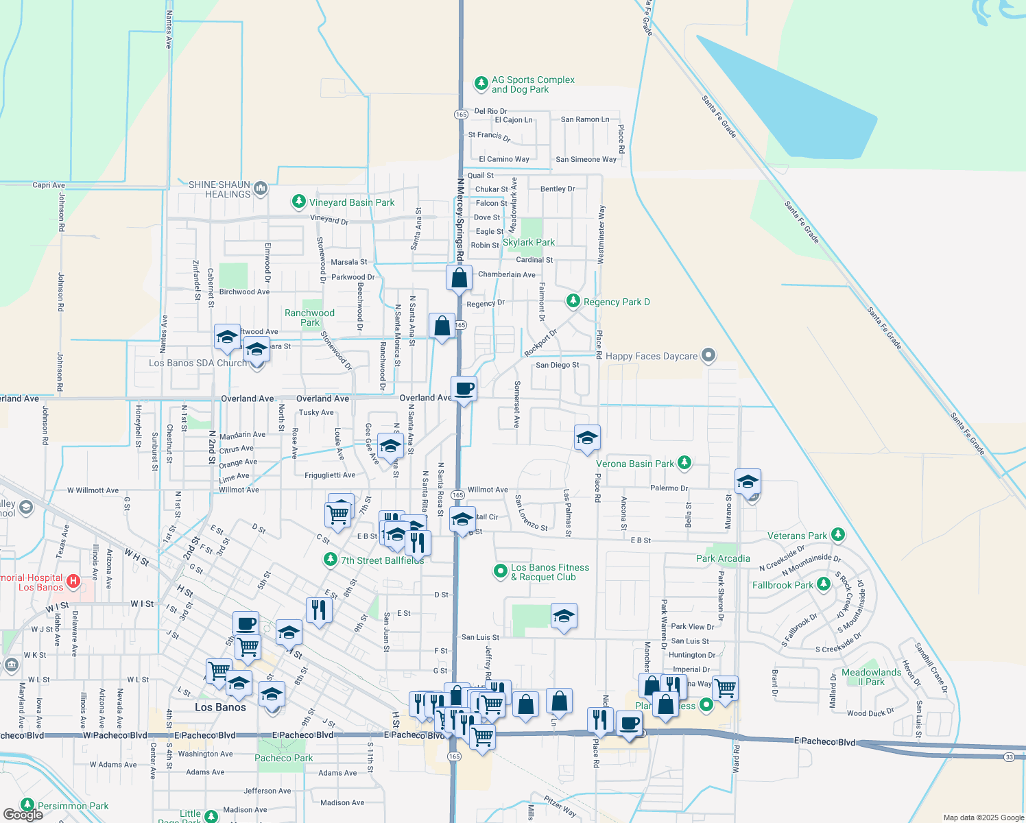map of restaurants, bars, coffee shops, grocery stores, and more near 1447 Nottingham Circle in Los Banos
