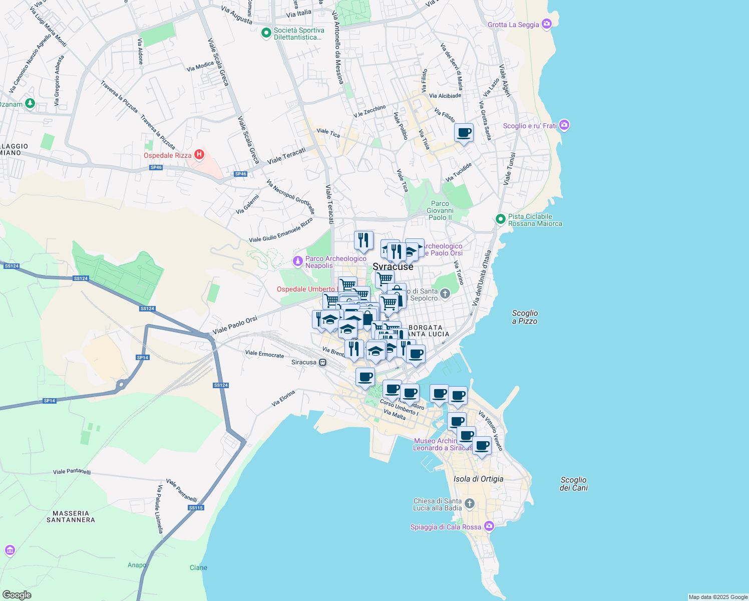 map of restaurants, bars, coffee shops, grocery stores, and more near 7 Via Giuseppe di Natale in Syracuse