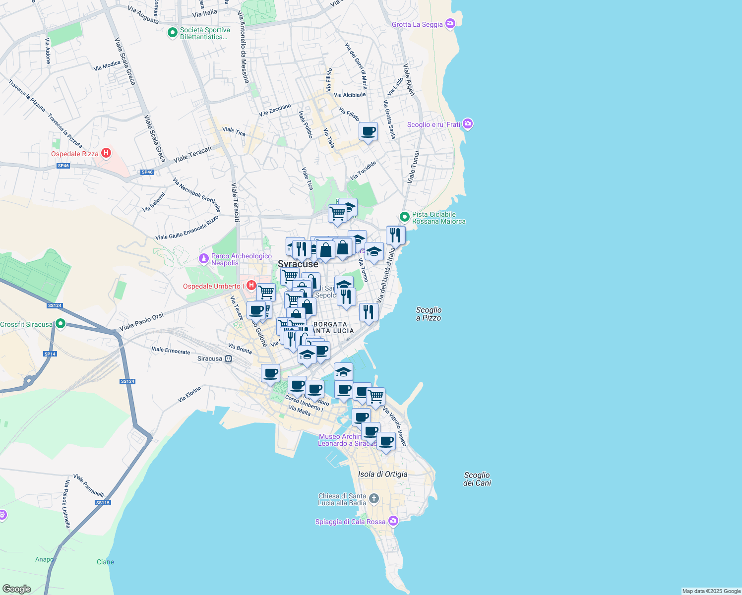map of restaurants, bars, coffee shops, grocery stores, and more near Via Sollecito Fratelli in Syracuse