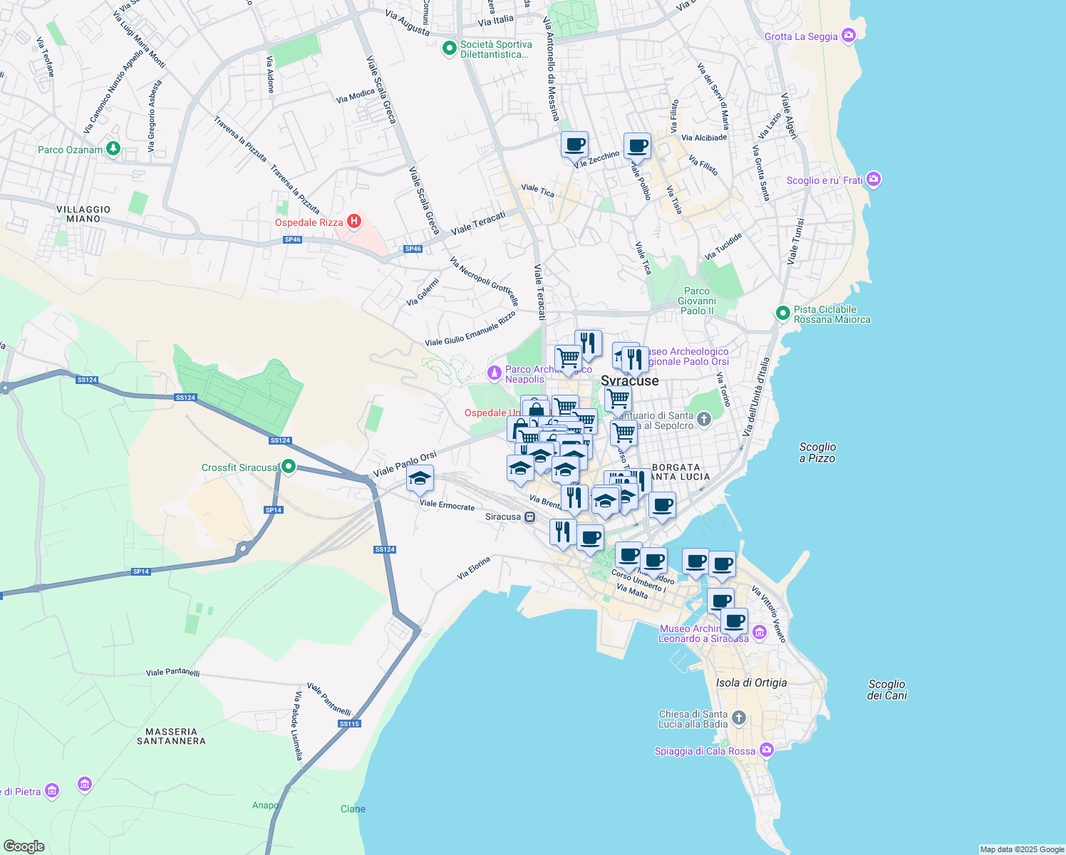 map of restaurants, bars, coffee shops, grocery stores, and more near 26 Via Po in Siracusa