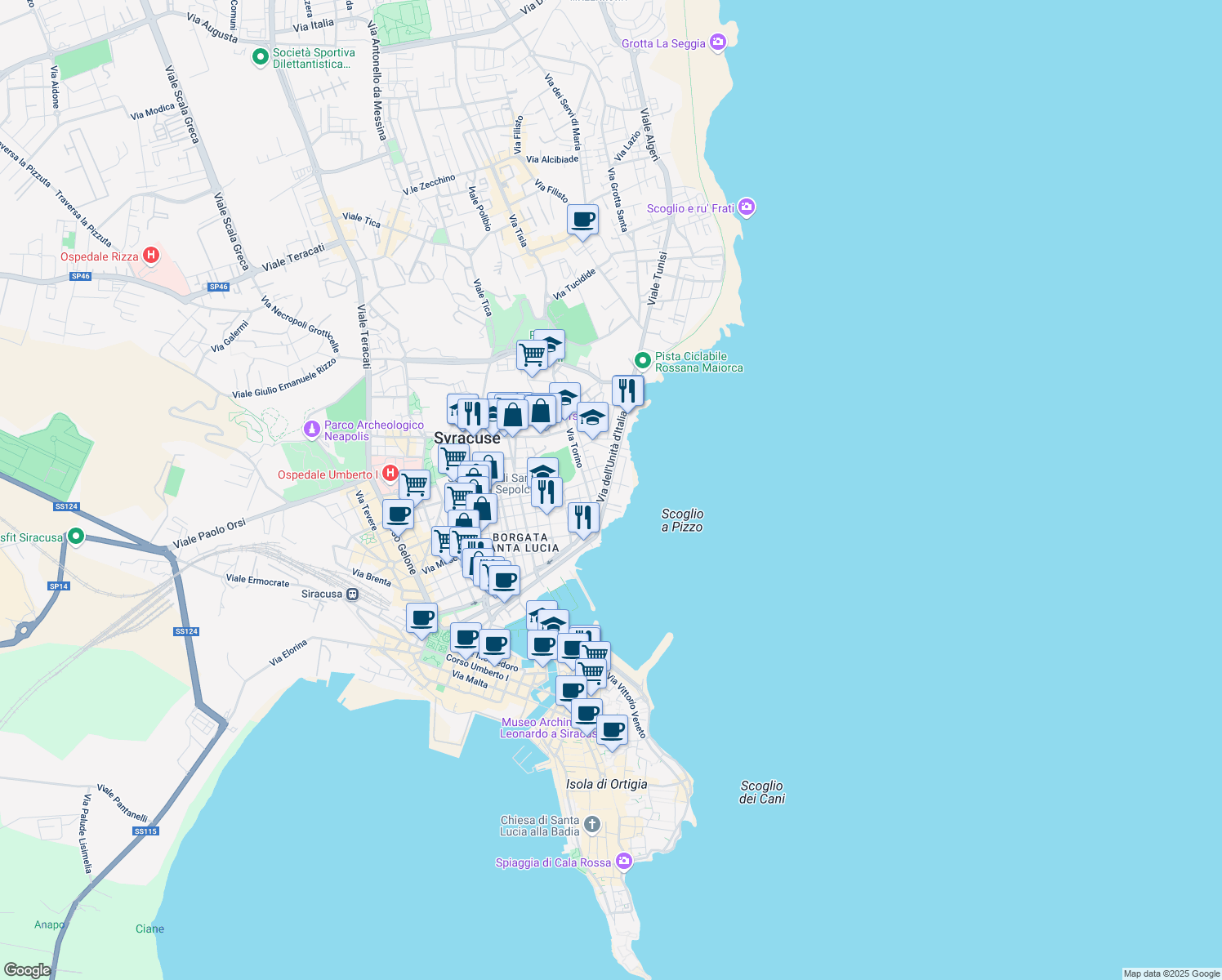 map of restaurants, bars, coffee shops, grocery stores, and more near 2 Via Iceta in Siracusa