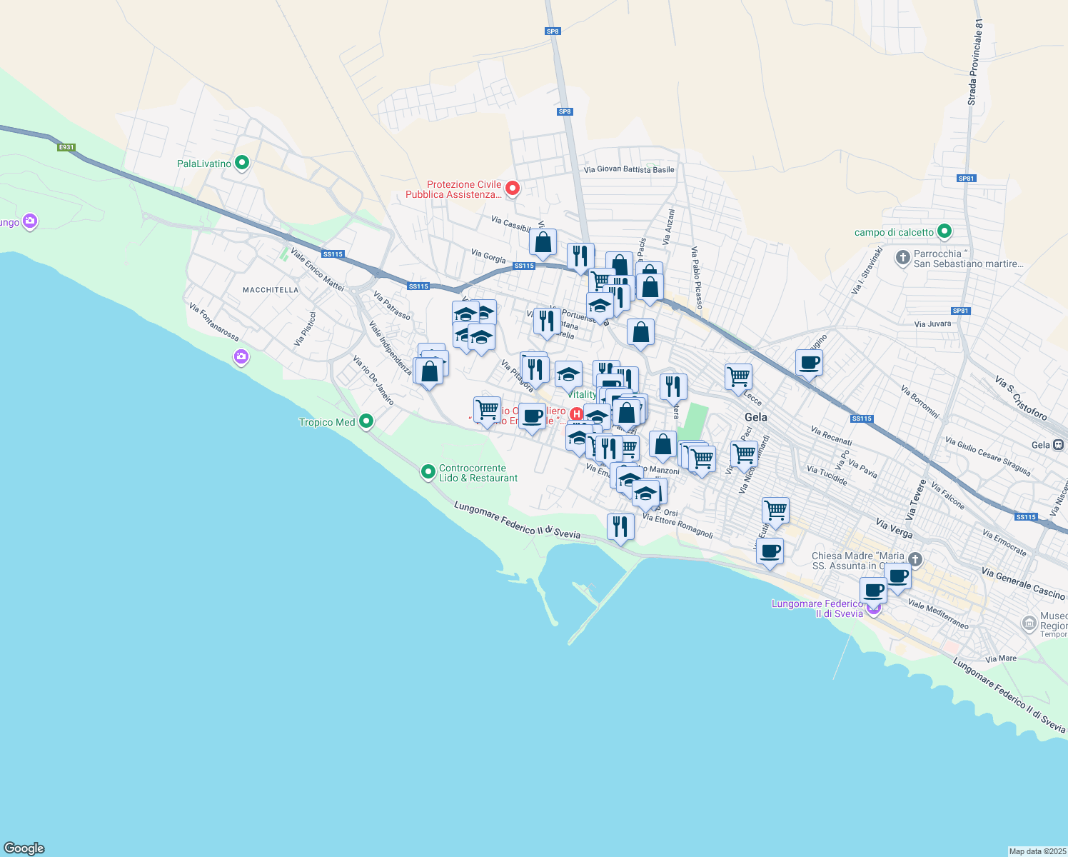 map of restaurants, bars, coffee shops, grocery stores, and more near 32 Viale Indipendenza in Gela