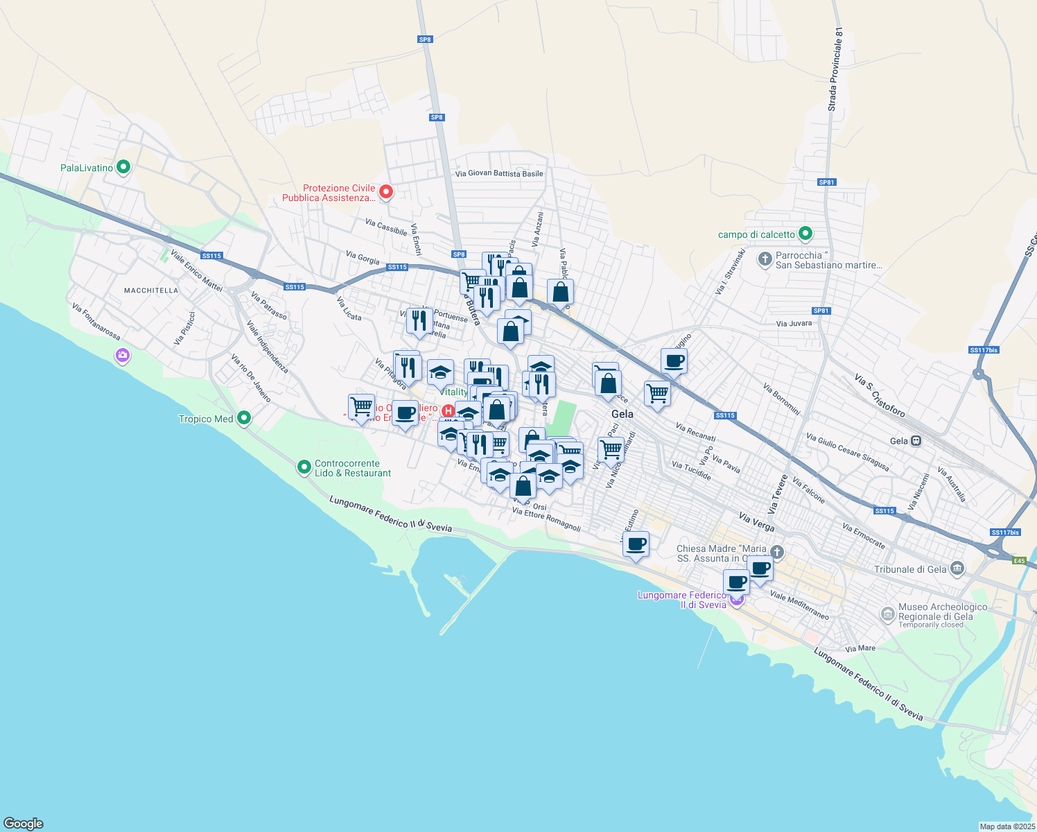 map of restaurants, bars, coffee shops, grocery stores, and more near 58A Via Cicerone in Gela