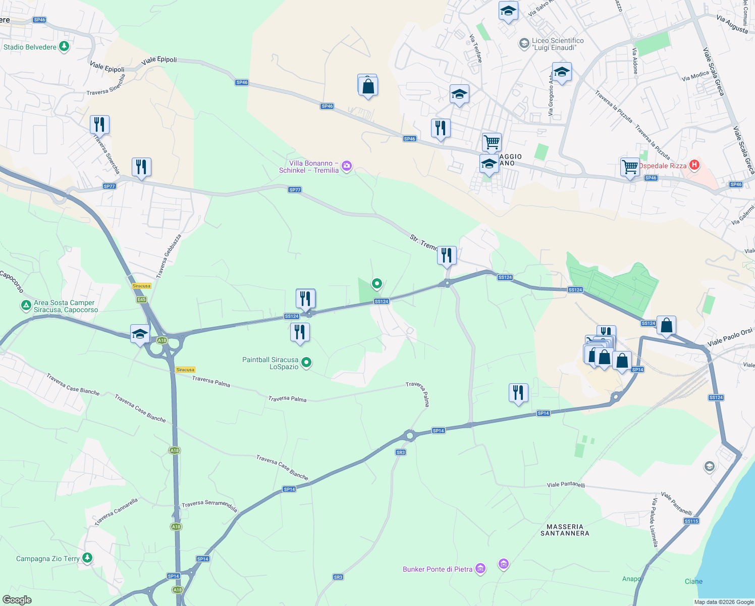 map of restaurants, bars, coffee shops, grocery stores, and more near 27 Via per Floridia in Libero consorzio comunale di Siracusa