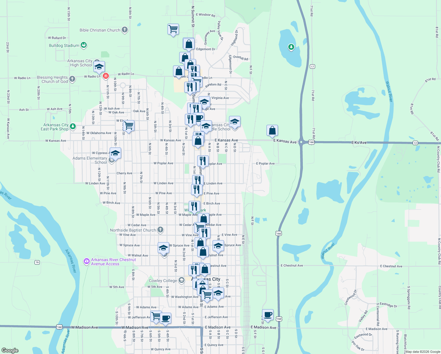 map of restaurants, bars, coffee shops, grocery stores, and more near 1018 North B Street in Arkansas City